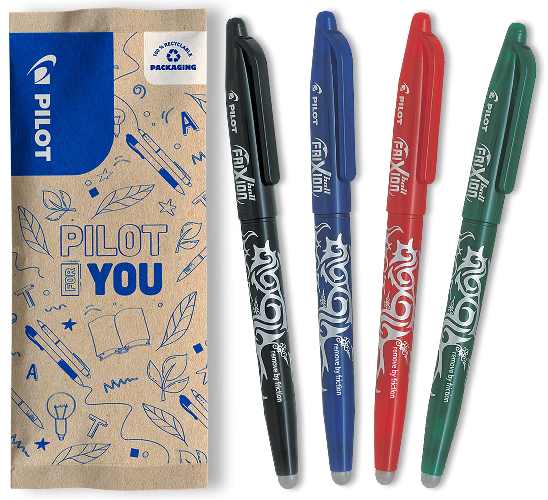PILOT FriXion Erasable Rollerball Pen - Medium 0.7mm Point | 4-Pack Black Blue Red Green Ink 1