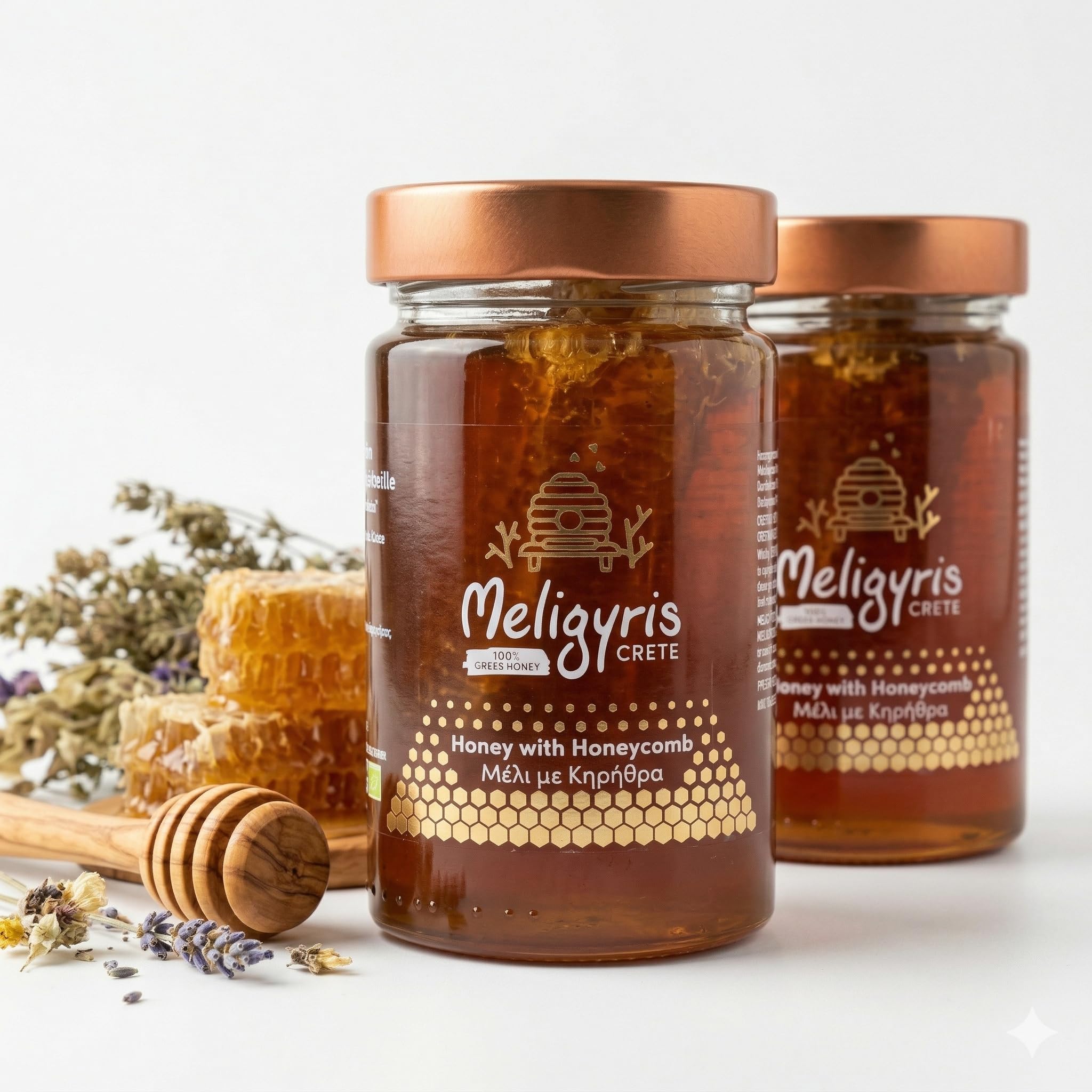 Meligyris Raw Greek Honey with Edible Honeycomb - 450g | Natural & Unprocessed | Artisan Greek Beekeeping