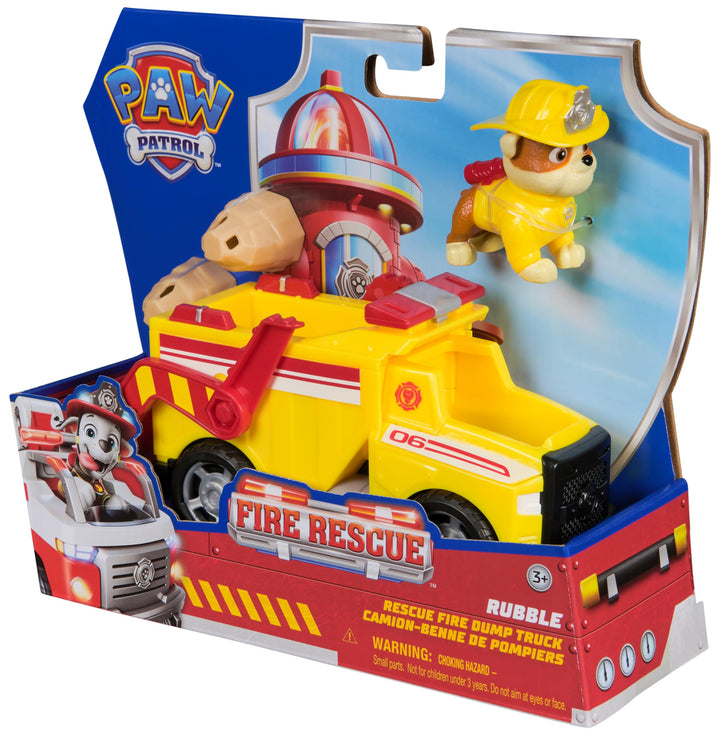 PAW Patrol Rubble Rescue Fire Dump Truck with Action Figure and Projectiles - Fire Rescue Playset for Kids