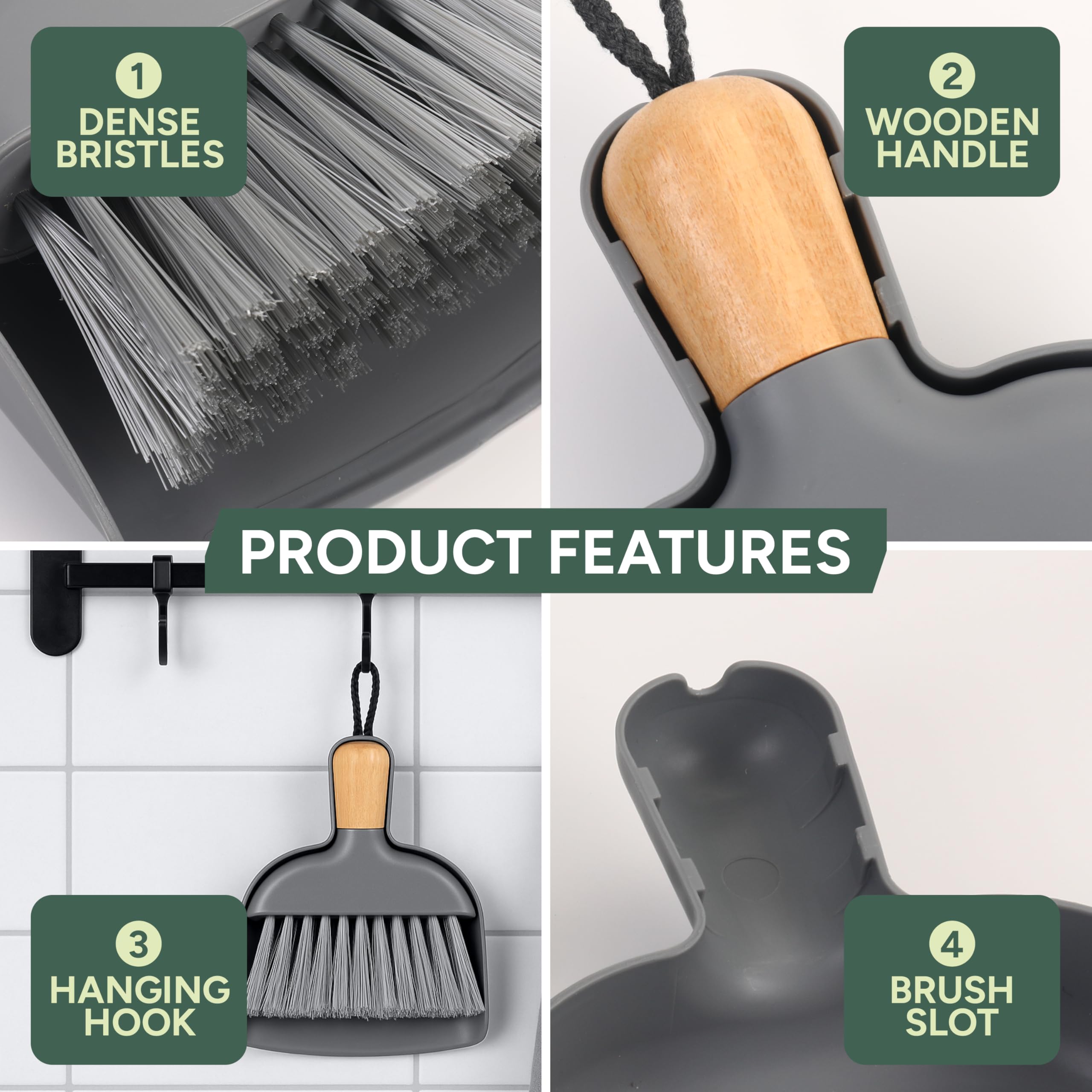 Zuvo Mini Dustpan and Brush Set - Bamboo Handle | Compact Storage Snap-On Design | Grey 3