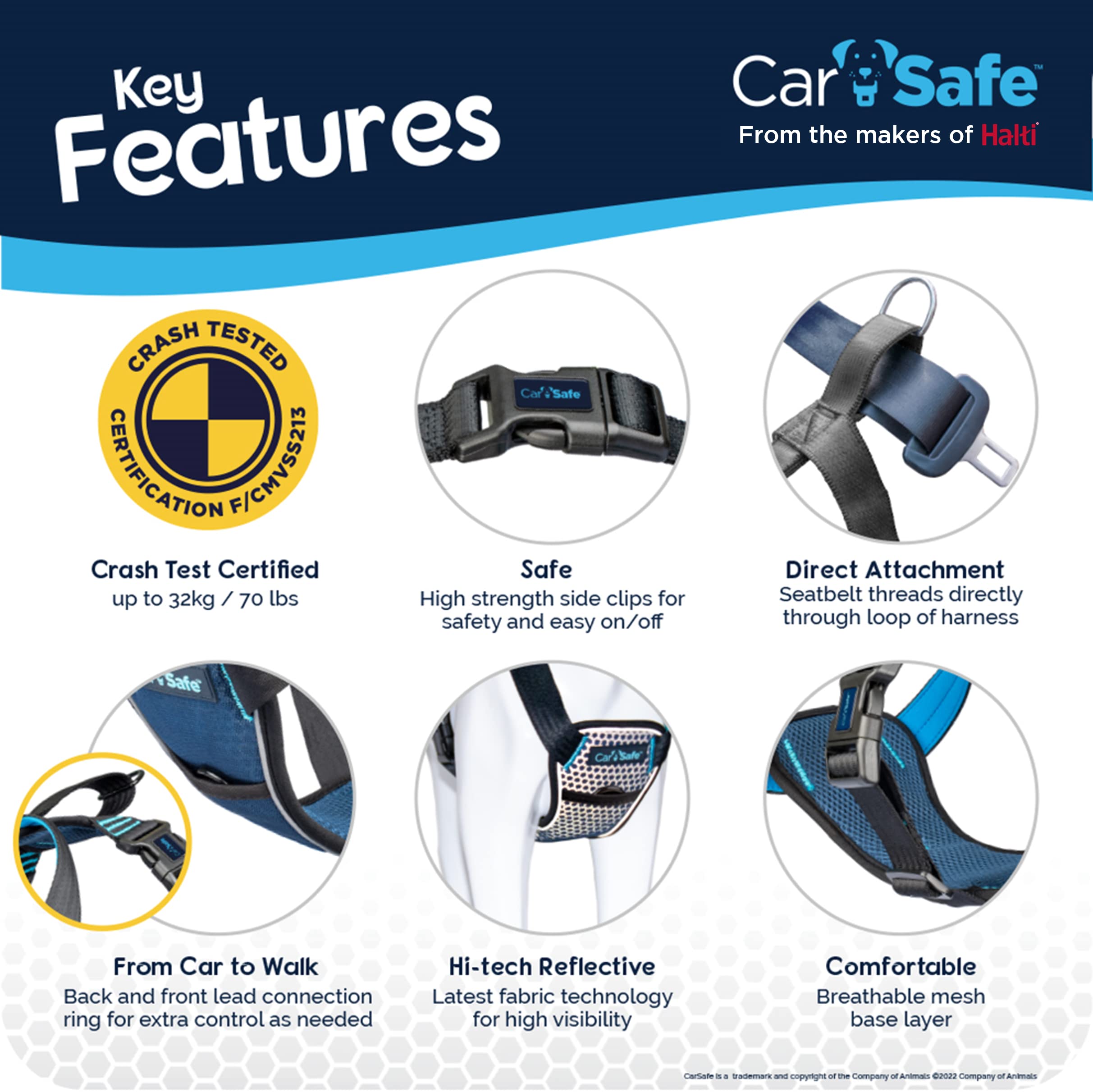 CarSafe Crash Tested Dog Harness - Large Blue | Certified up to 32Kg/70lbs | Dual Use 5