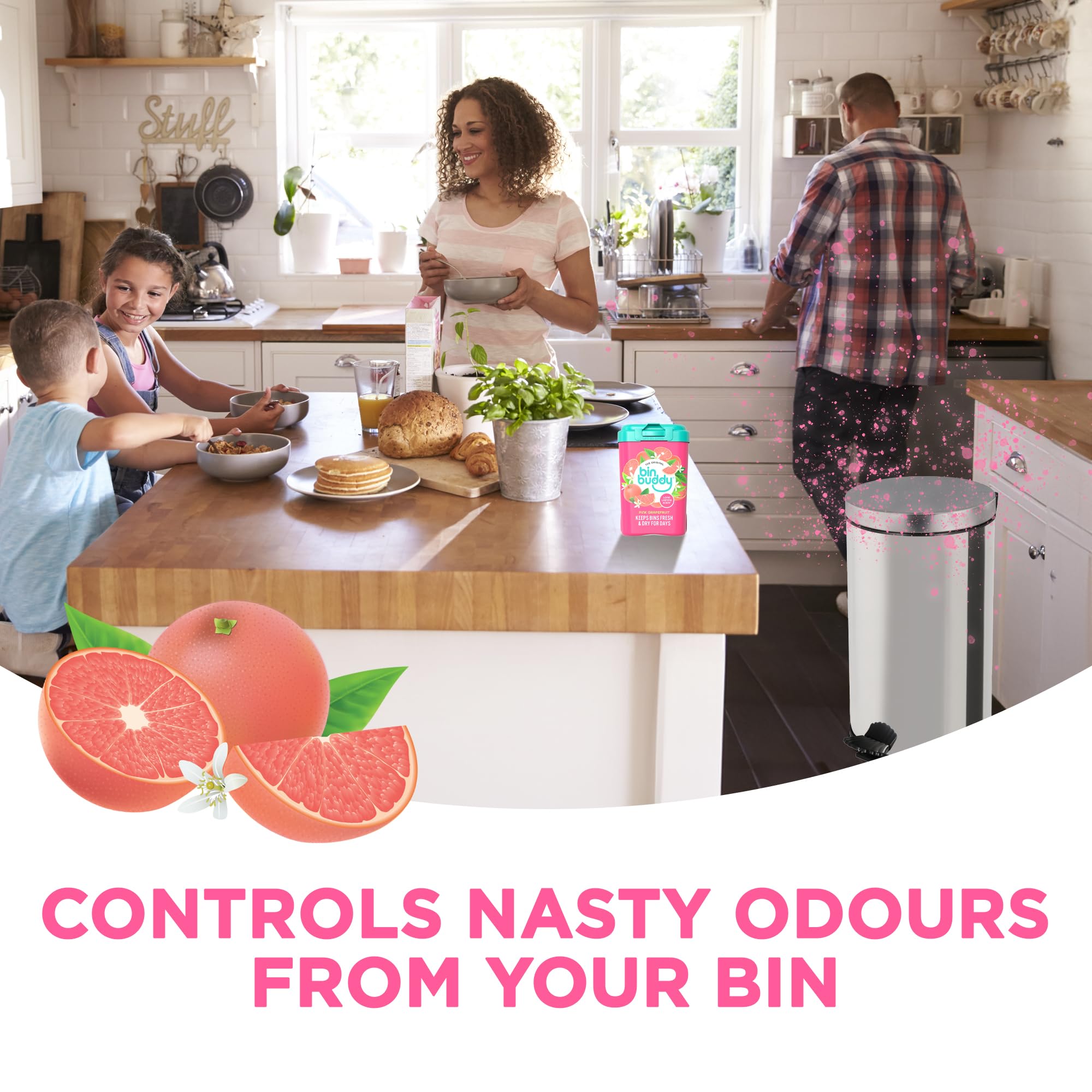 Bin Buddy Pink Grapefruit Bin Deodoriser Powder - Absorbs Mess & Eliminates Odour | Pack of 3 (450g Each) 3
