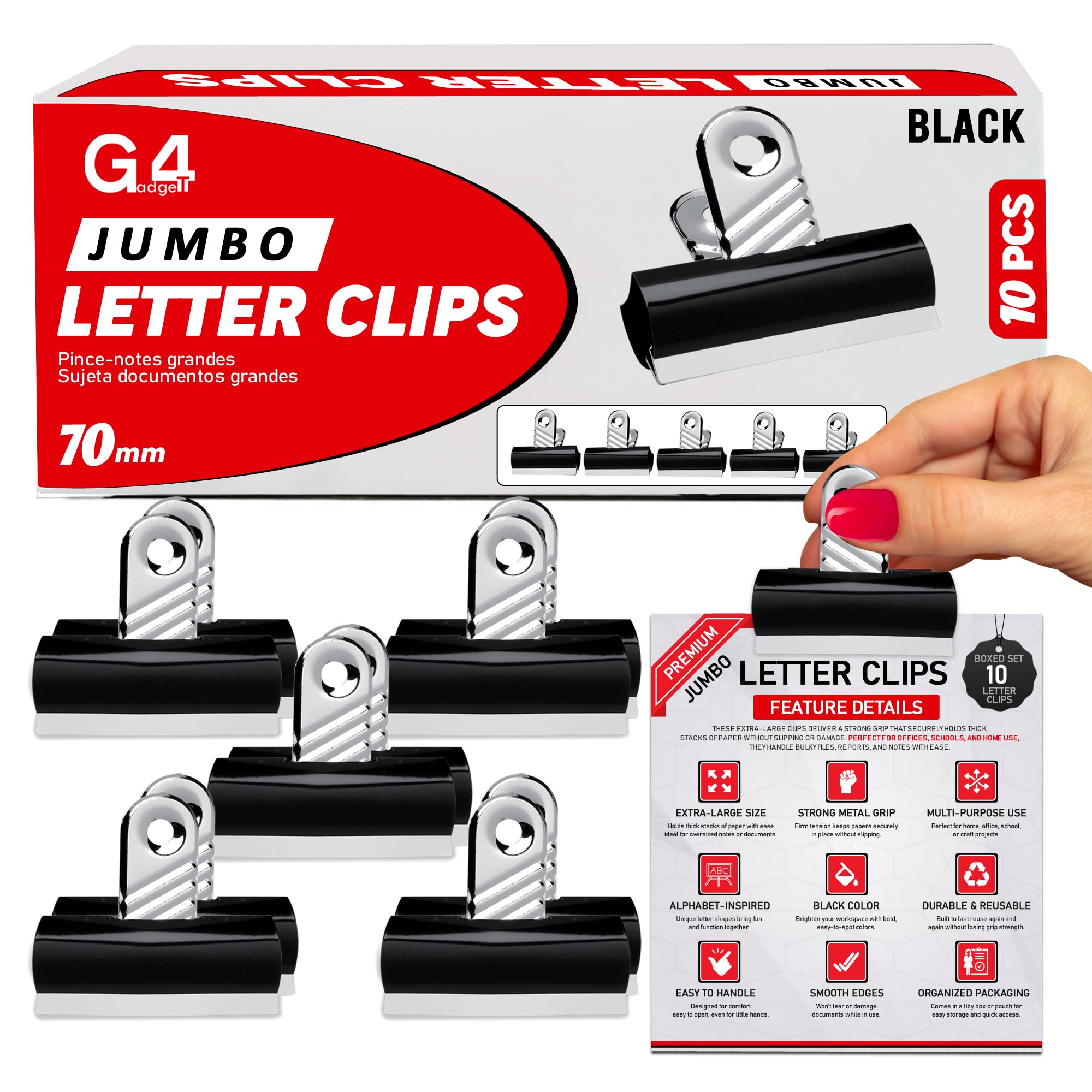 G4GADGET Jumbo Black Bulldog Clips 70mm - Heavy-Duty Metal Binder, 10 Pack | Holds 195 Sheets 1