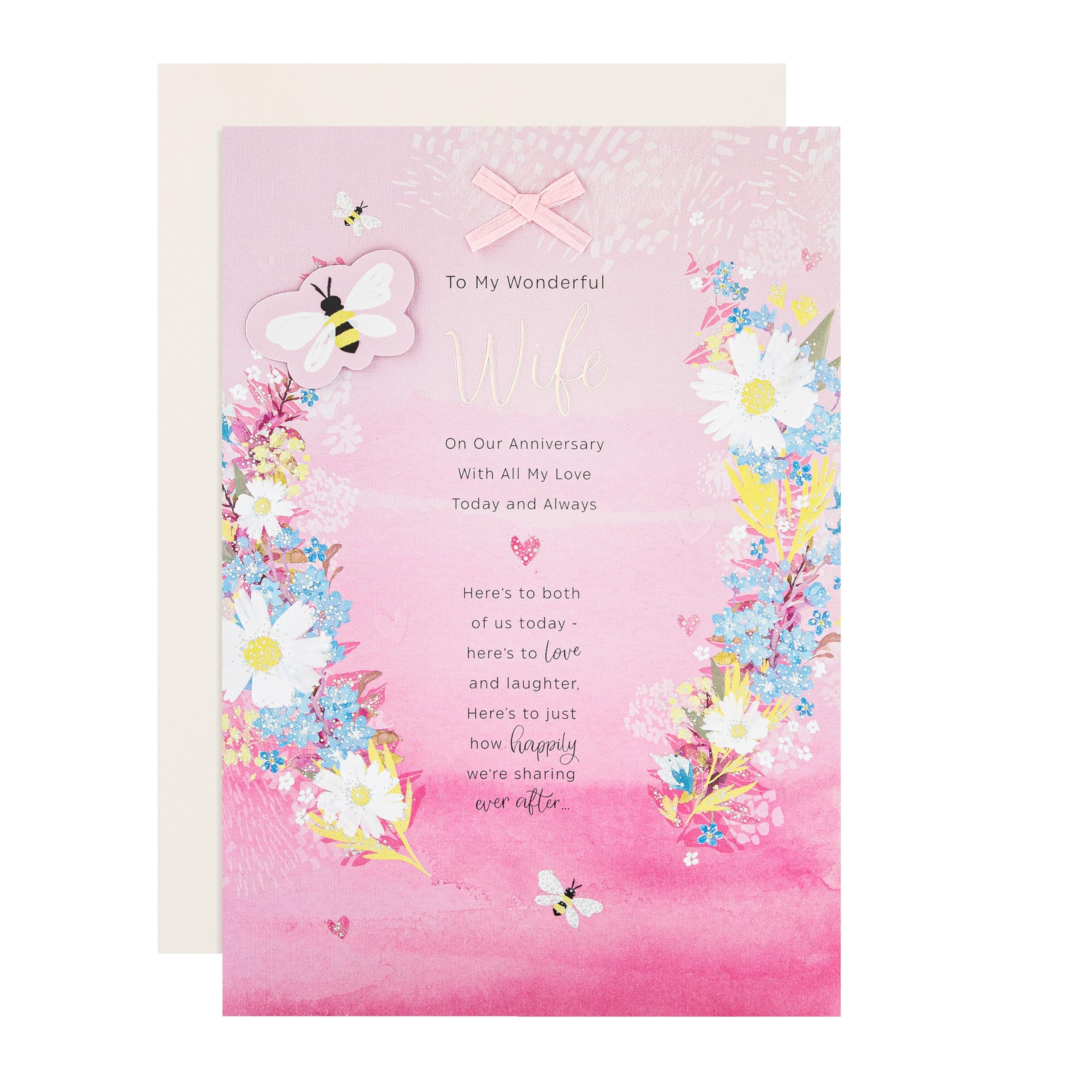 Hallmark Anniversary Card for Wife - Pink Florals Design with Raffia Bow & Foil Accents