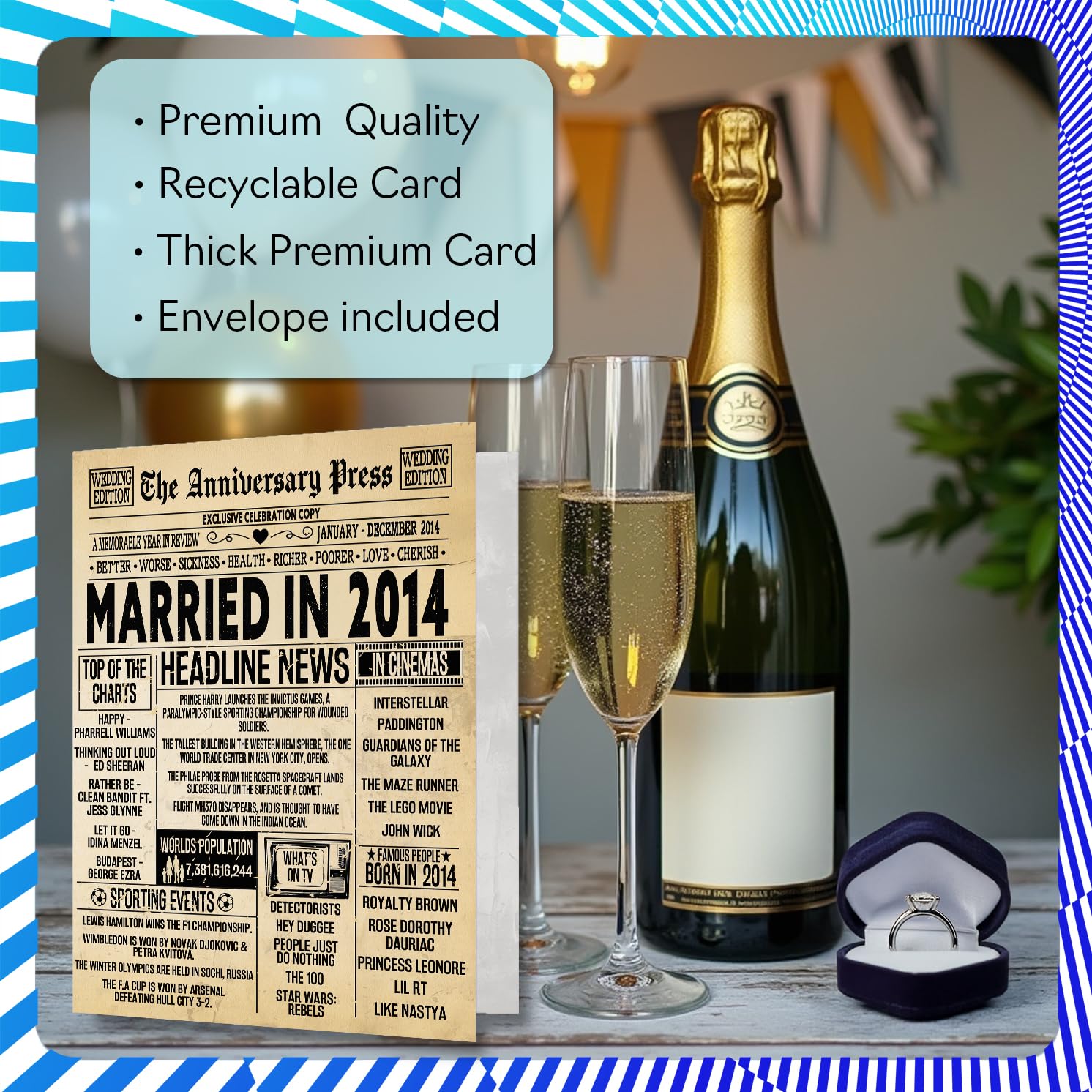 Stuff4 12th Anniversary Card for Unisex Adults - Vintage Newspaper Married in 2014 | 5x7 Inch Greeting Card 3