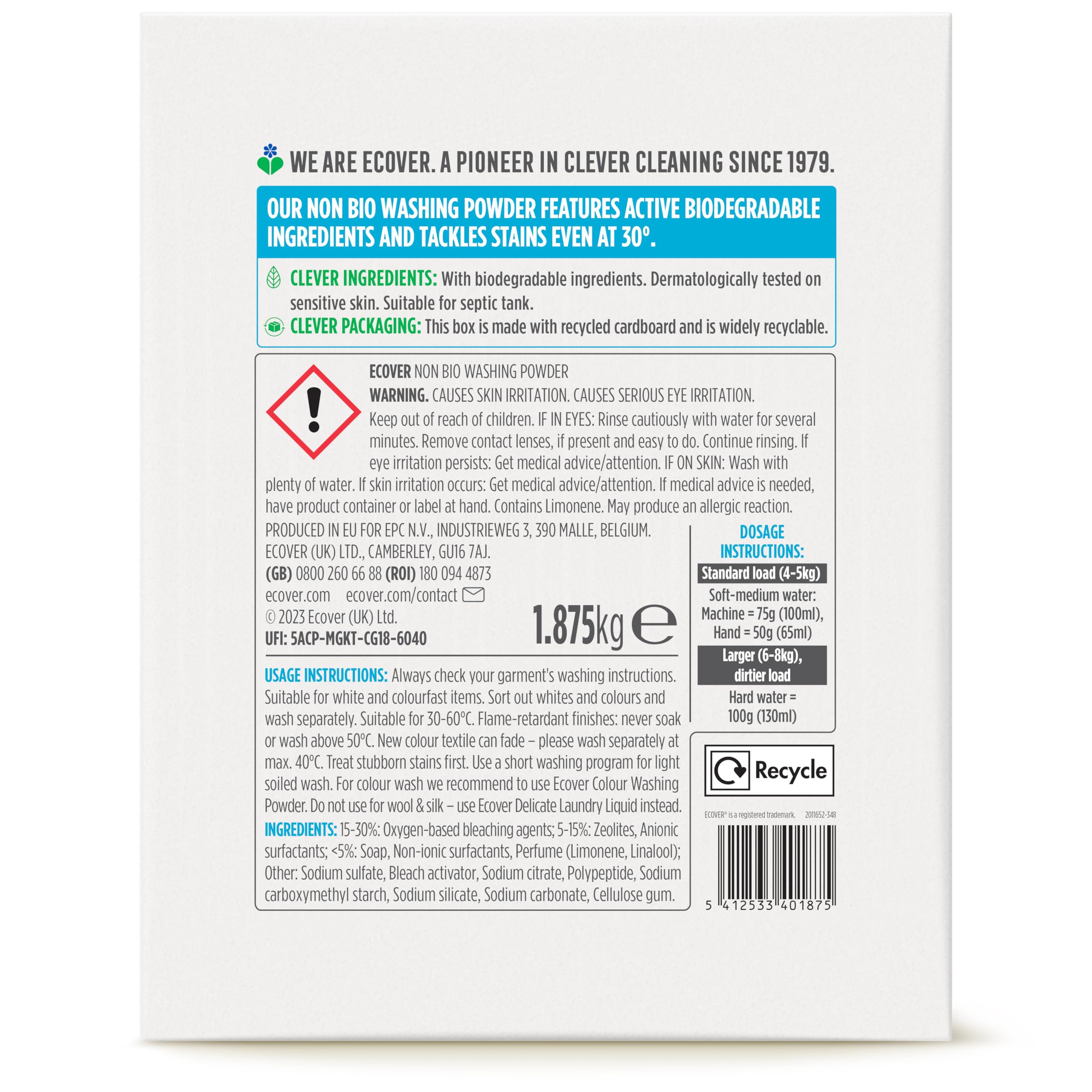 Ecover Lavender & Eucalyptus Non Bio Laundry Washing Powder, 1.875kg, 25 Wash