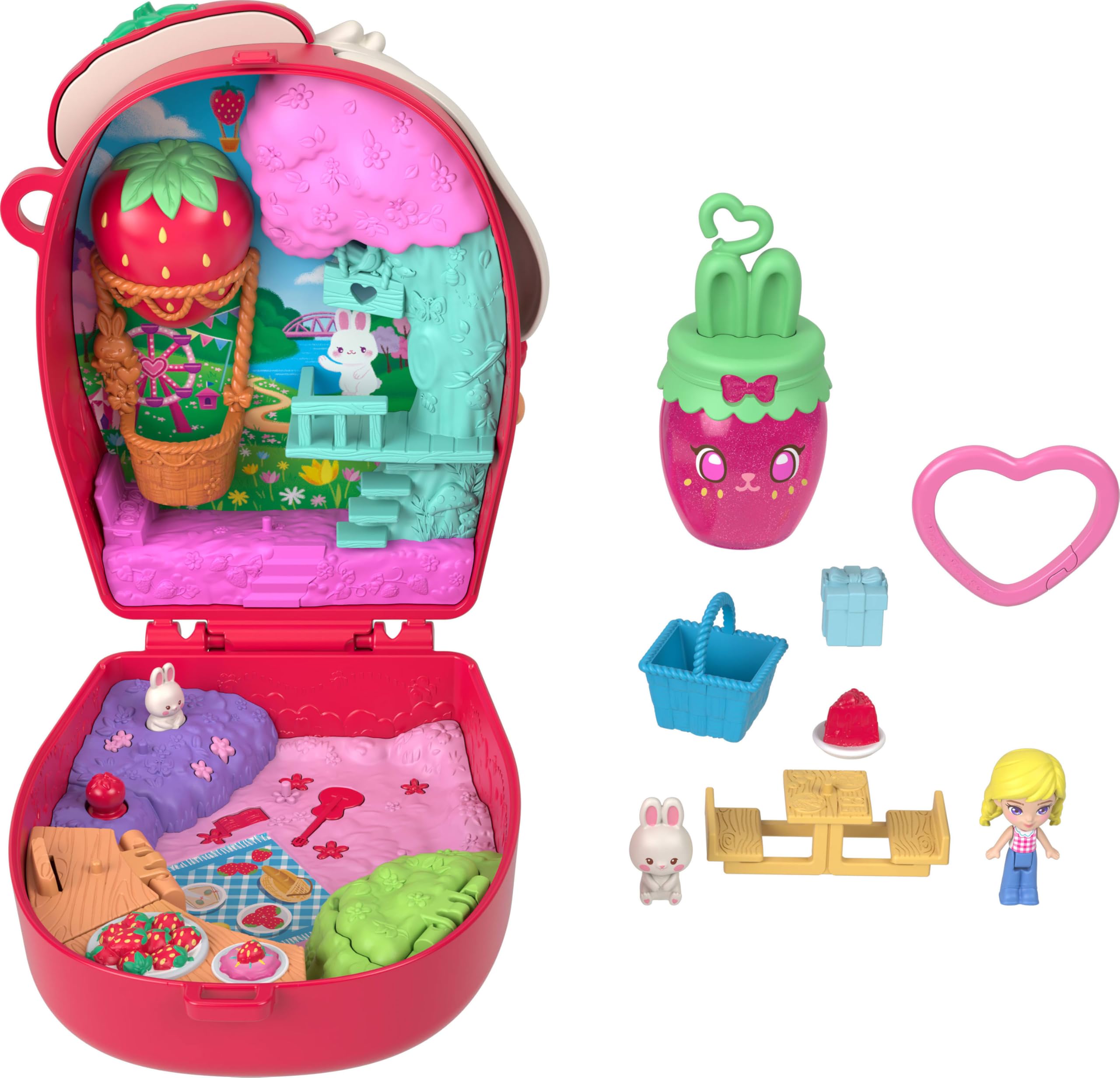 Polly Pocket Strawberry Picnic Bunny Compact Playset | Micro Doll & 8 Accessories | Ages 4+ 2