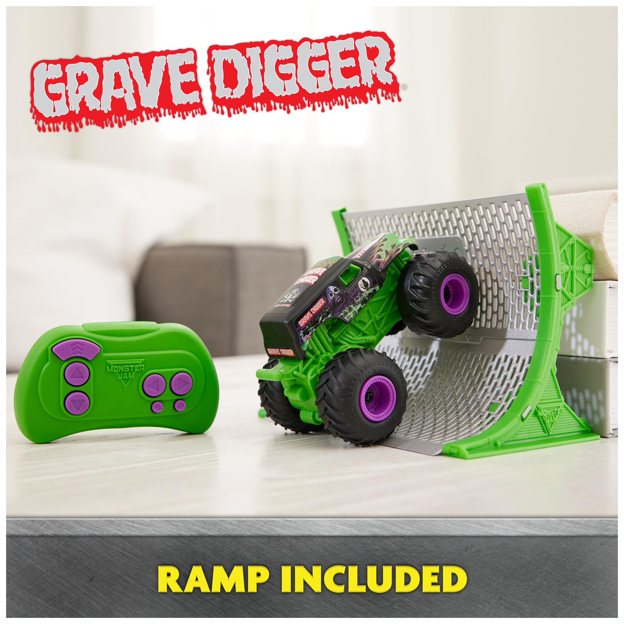 Monster Jam Grave Digger 1:64 Scale RC Truck with Ramp - Remote Control Monster Vehicle for Kids 11