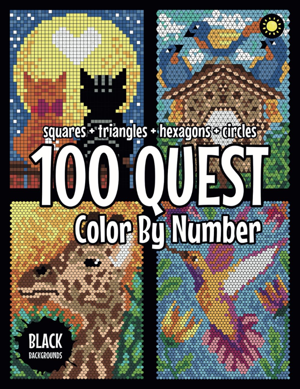 100 QUEST Color By Number: Squares + Triangles + Hexagons + Circles (BLACK) - by Sunlife Drawing (Paperback)