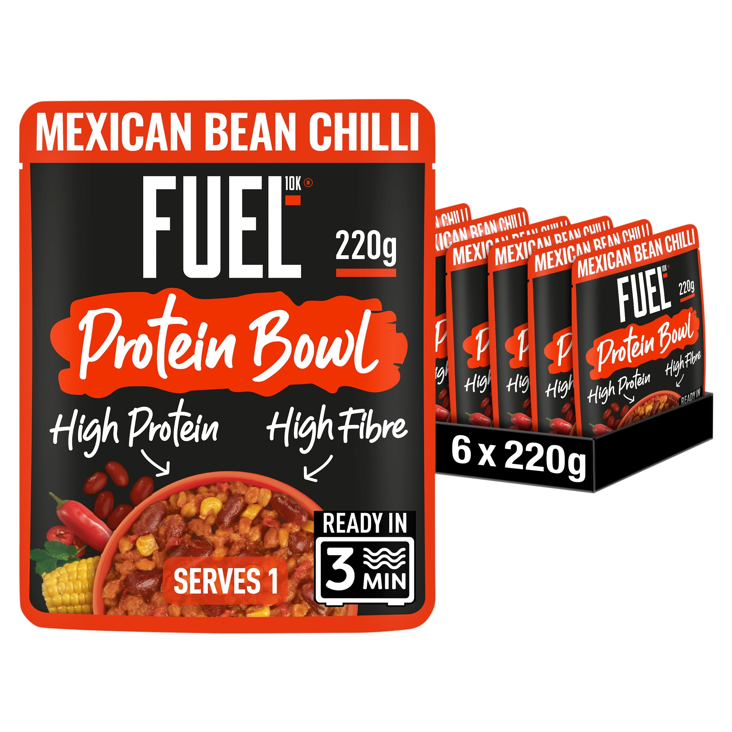 FUEL10K High Protein Mexican Bean Chilli Microwave Ready Meal - 14g Protein, Pack of 6