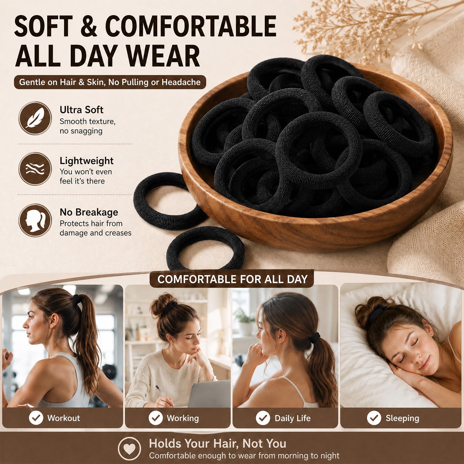 Admygo Seamless Thick Hair Ties - 30 Pack Black Elastic Hair Bands for All Hair Types 5