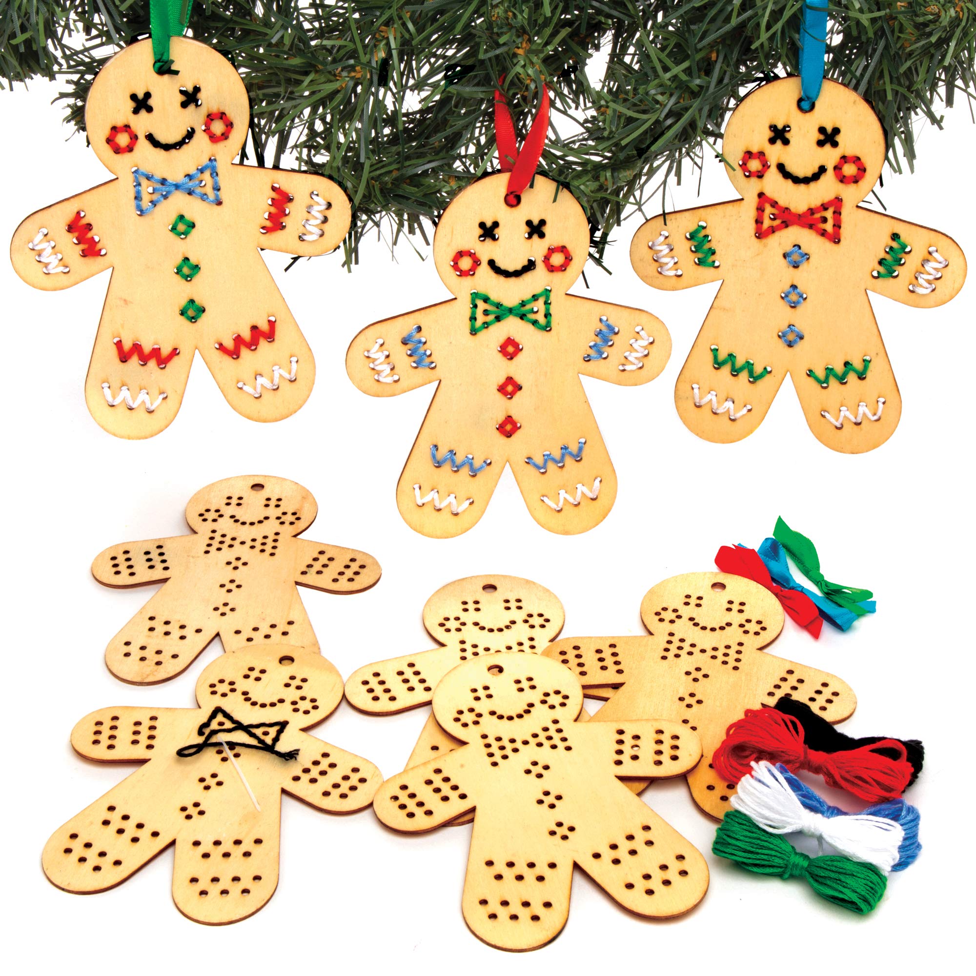 Baker Ross AT187 Gingerbread Wooden Decoration Craft Kit - Educational Sewing Activity for Kids 9