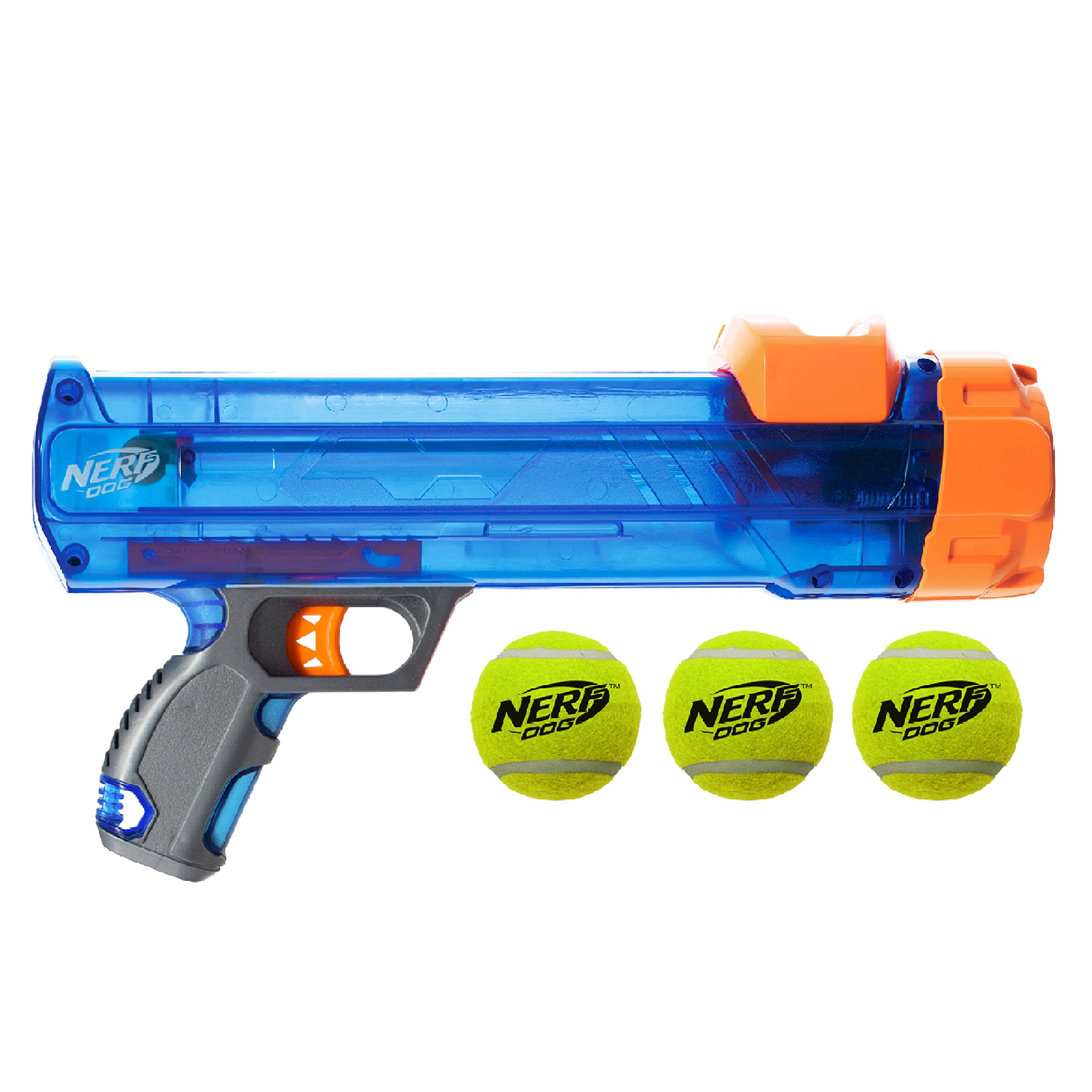 Nerf Dog Small Tennis Ball Blaster Gift Set | Launches up to 35ft | Includes 3 Balls | Translucent Blue 4