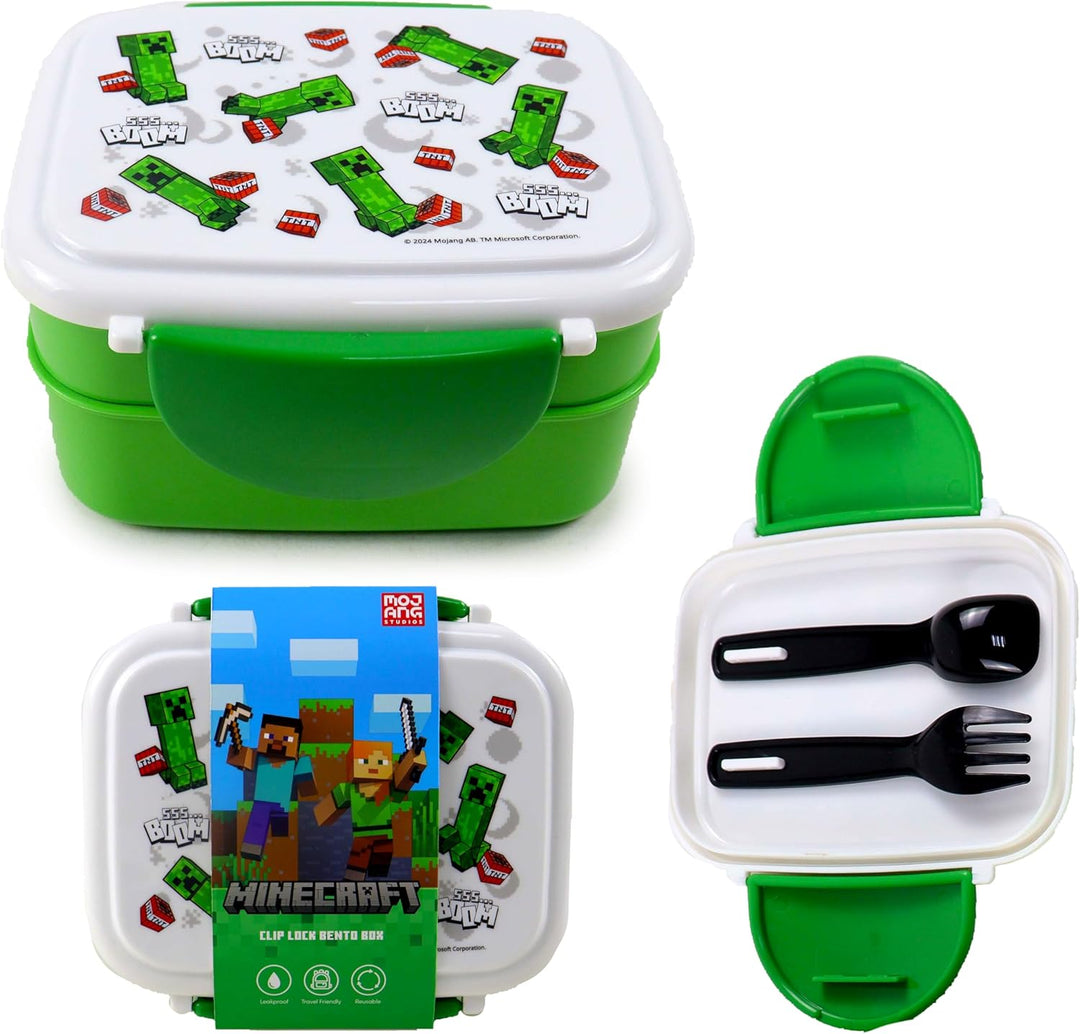 Puckator - Minecraft Creeper & TNT Clip Lock Stacked Bento Lunch Box with Cutlery