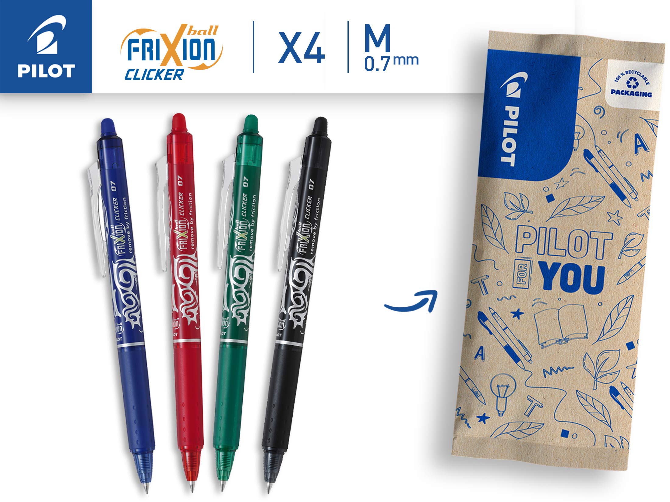 PILOT FriXion Clicker Erasable Rollerball Pen Set - 4 Pack Medium Tip (Black, Blue, Red, Green)