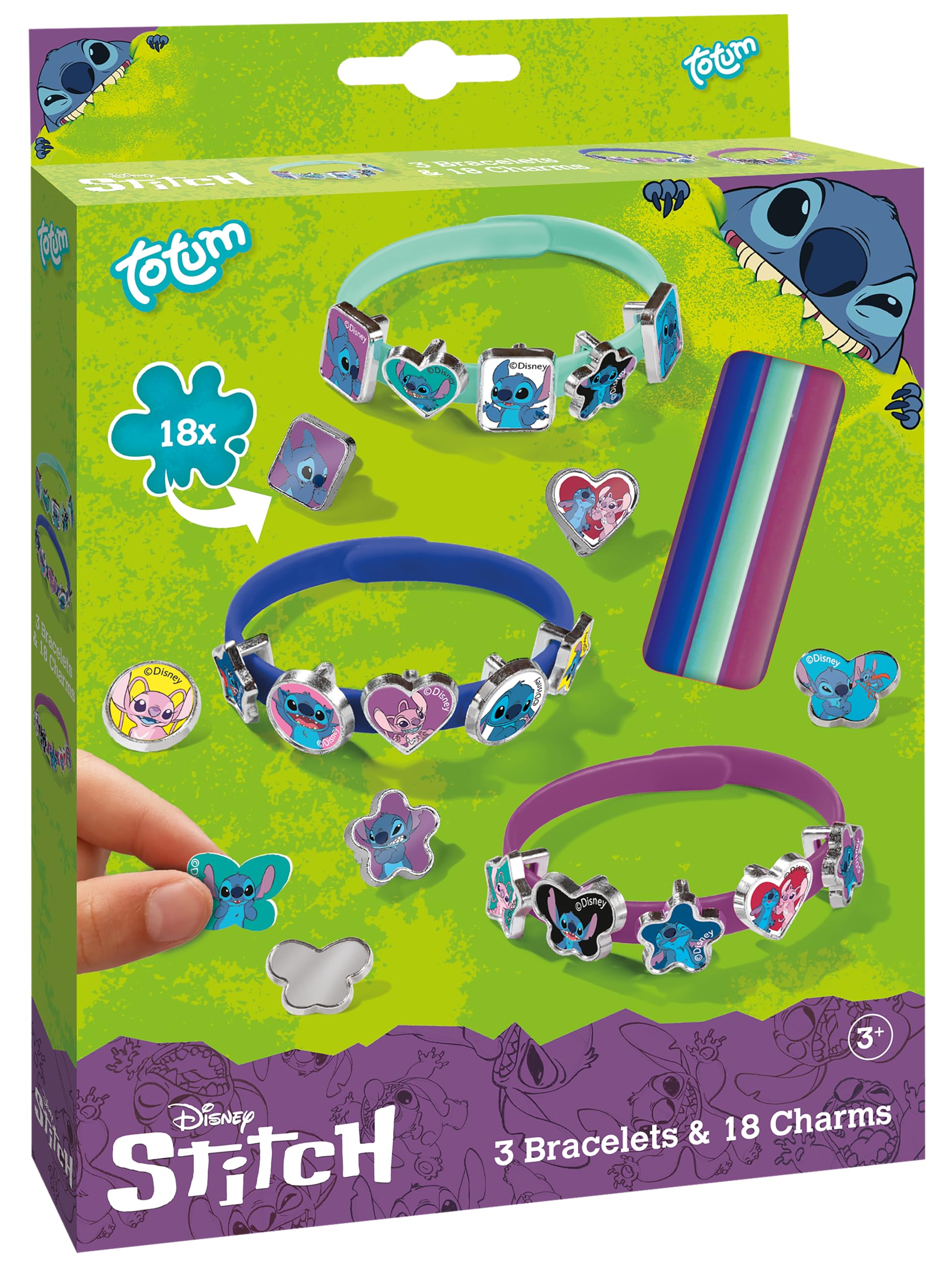 TM ESSENTIALS Stitch Bracelet Set with 18 Charms | Yellow, Blue, Red | Rubber | Kid
