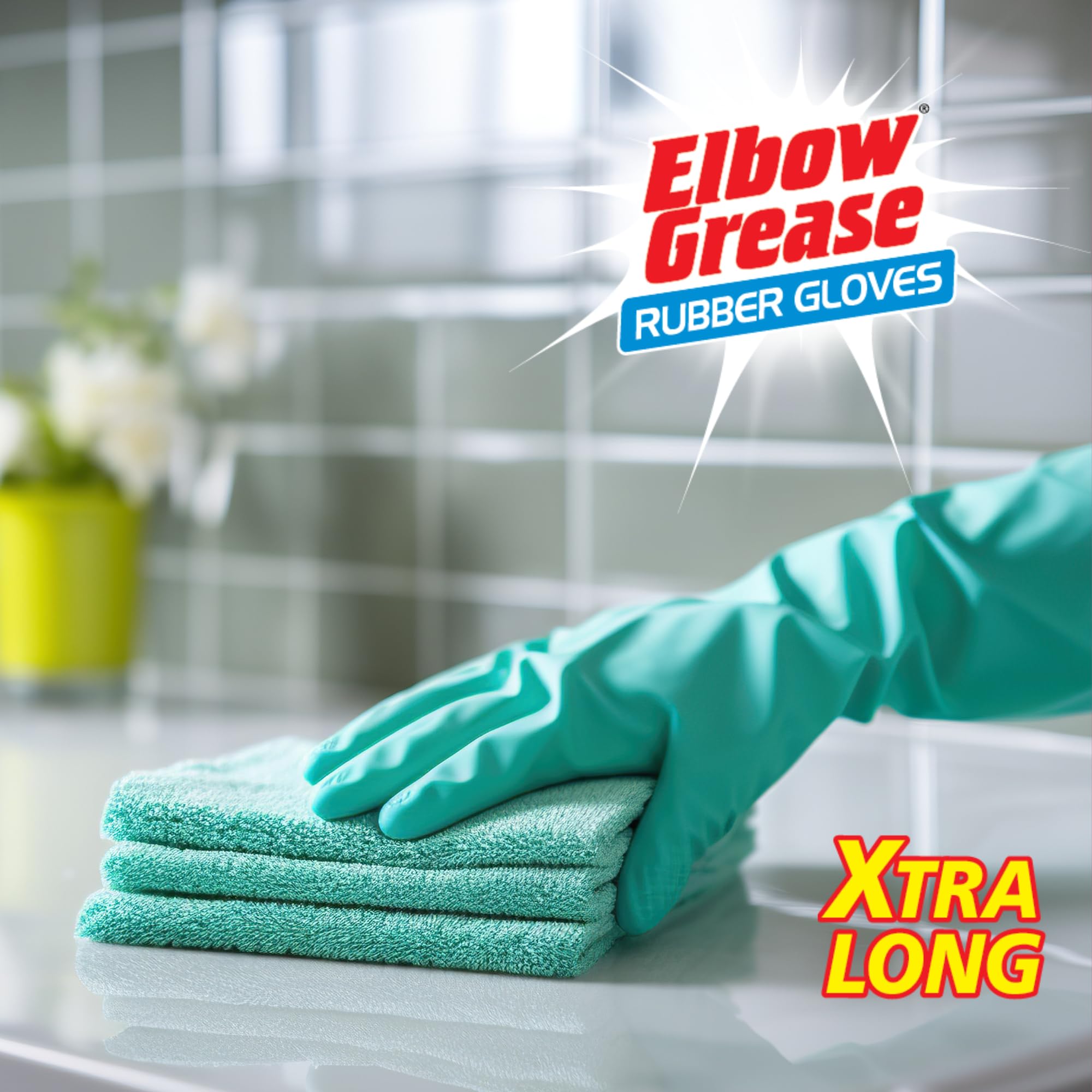 Elbow Grease Rubber Cleaning Gloves - Cotton Lined, Elbow Length, Antibacterial | Size L 2