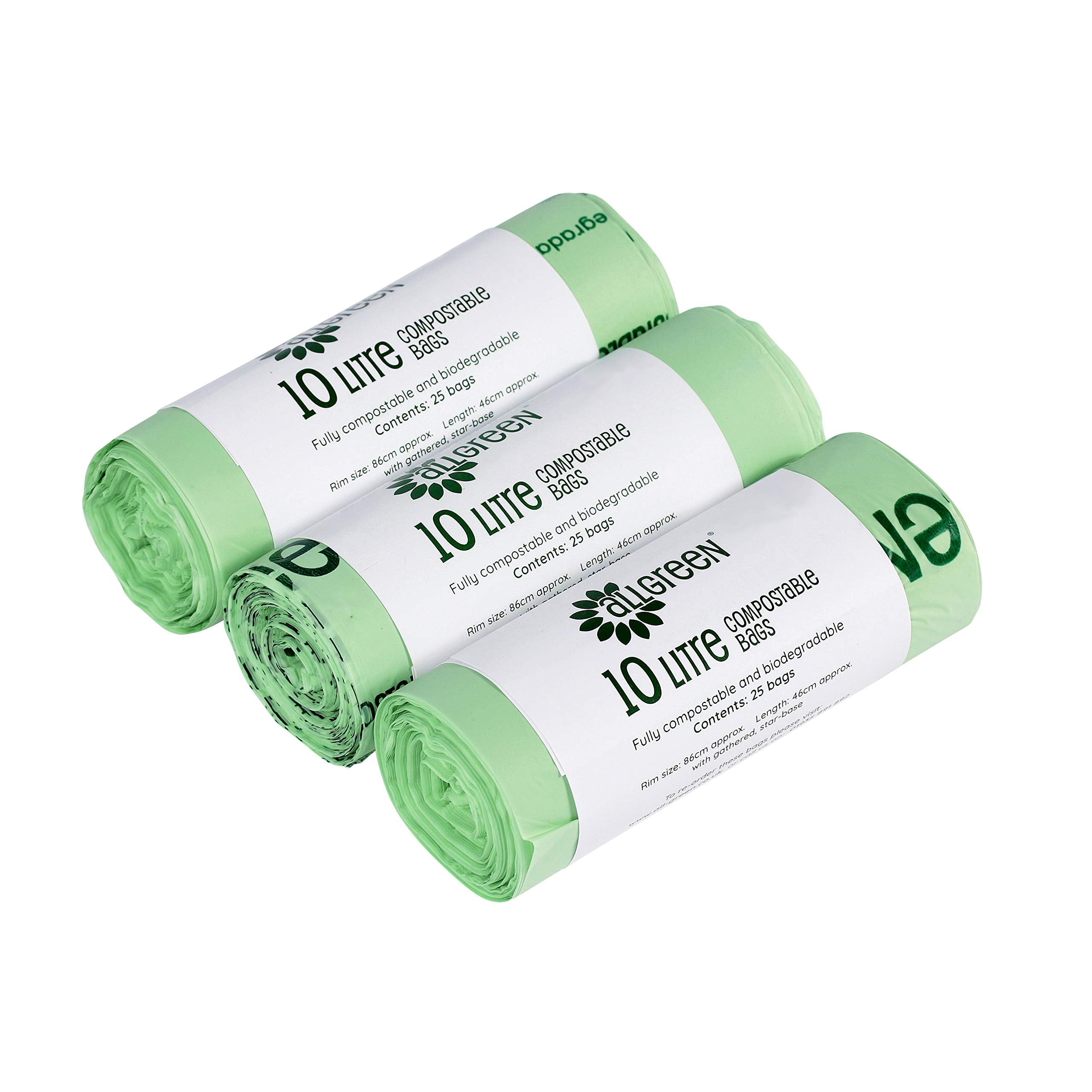 All-Green VC 10L-3 Compostable Bin Liners - 10 Litre Capacity, 75 Bags (3 Rolls) | Corn Starch Bioplastic