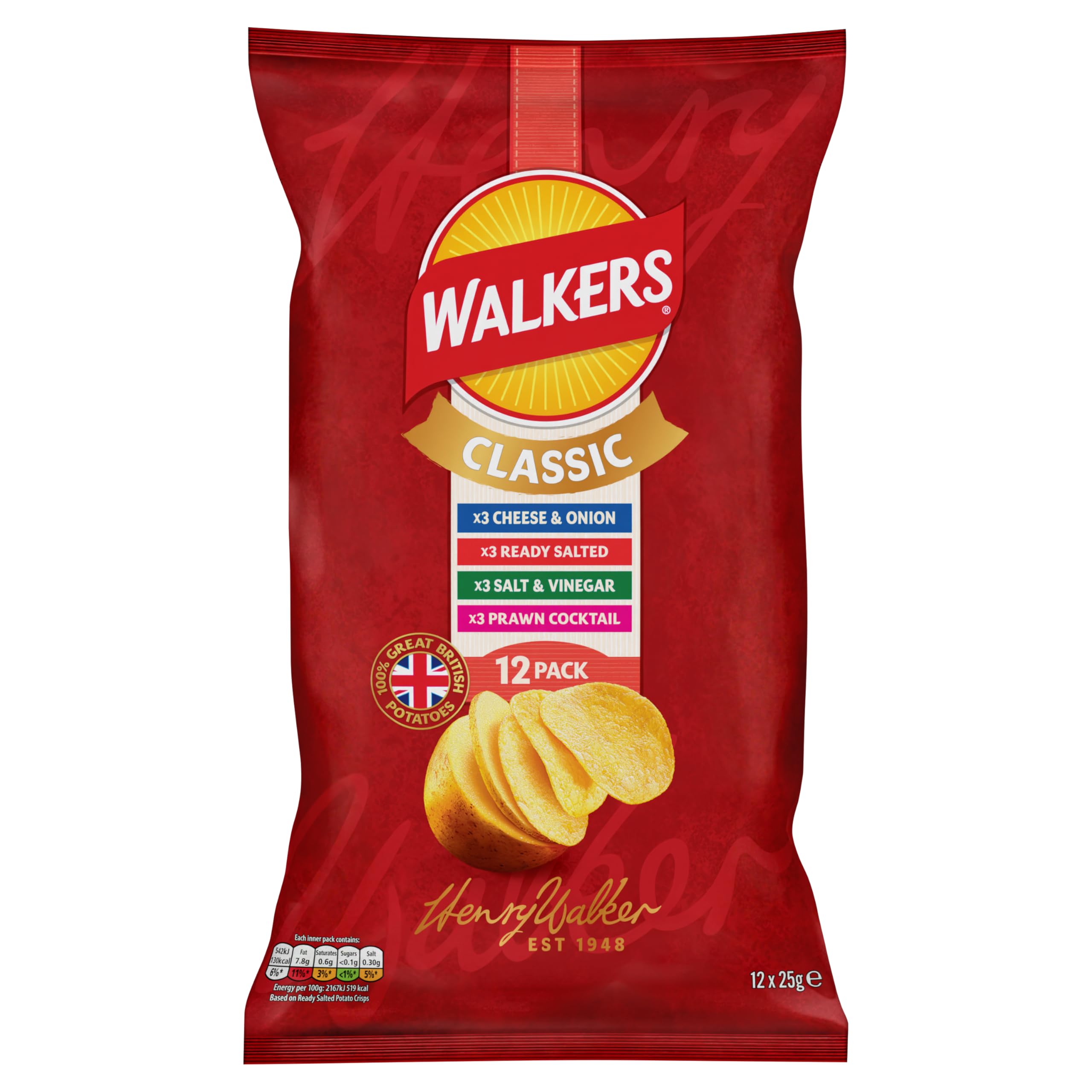 Walkers Classic Pack Crisps Multipack - 12 x 25g Bags with 4 Flavours