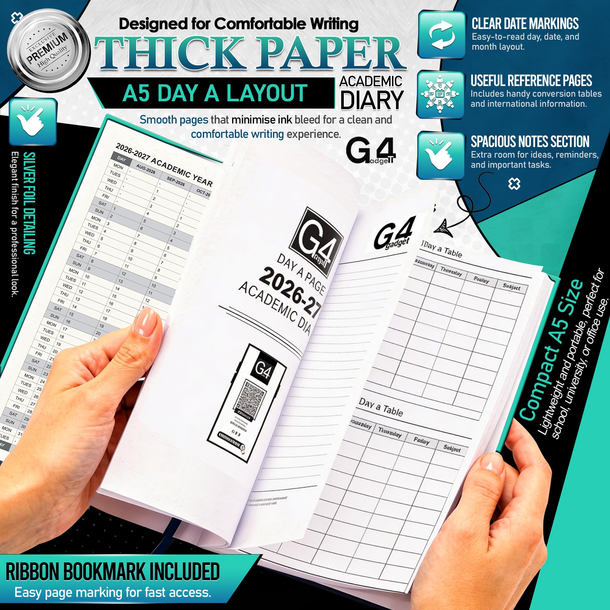 G4GADGET 2026-2027 Academic Diary | A5 Day A Page | Teal Hardback 2