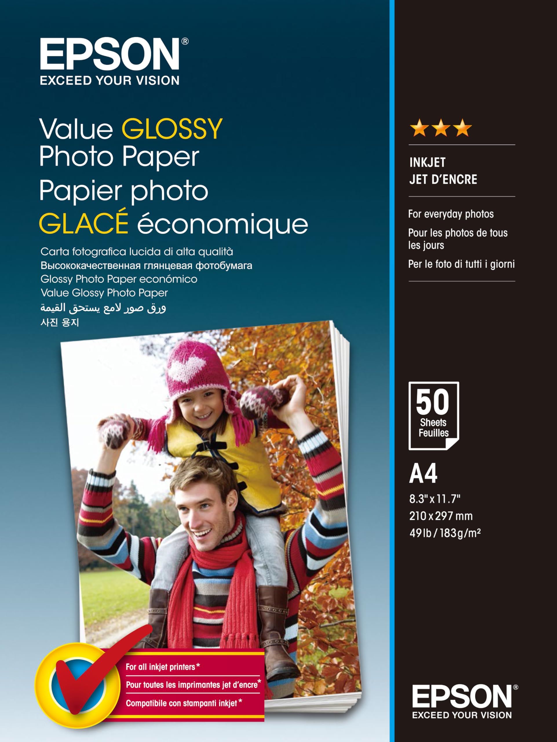 Epson Photo Paper - A4 Glossy Inkjet Paper for Everyday Photos | 50 Sheets | C13S400036