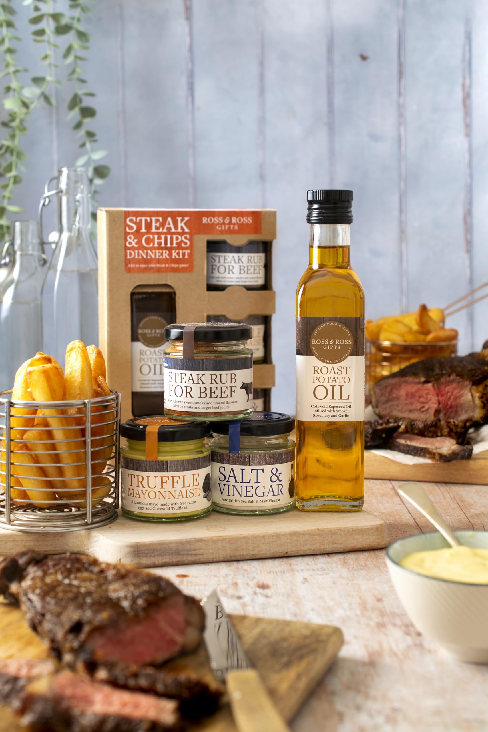 Ross & Ross Gifts - Steak and Chips Quad Kit with Roast Potato Oil, Steak Rub, Salt & Vinegar Salt, Truffle Mayonnaise