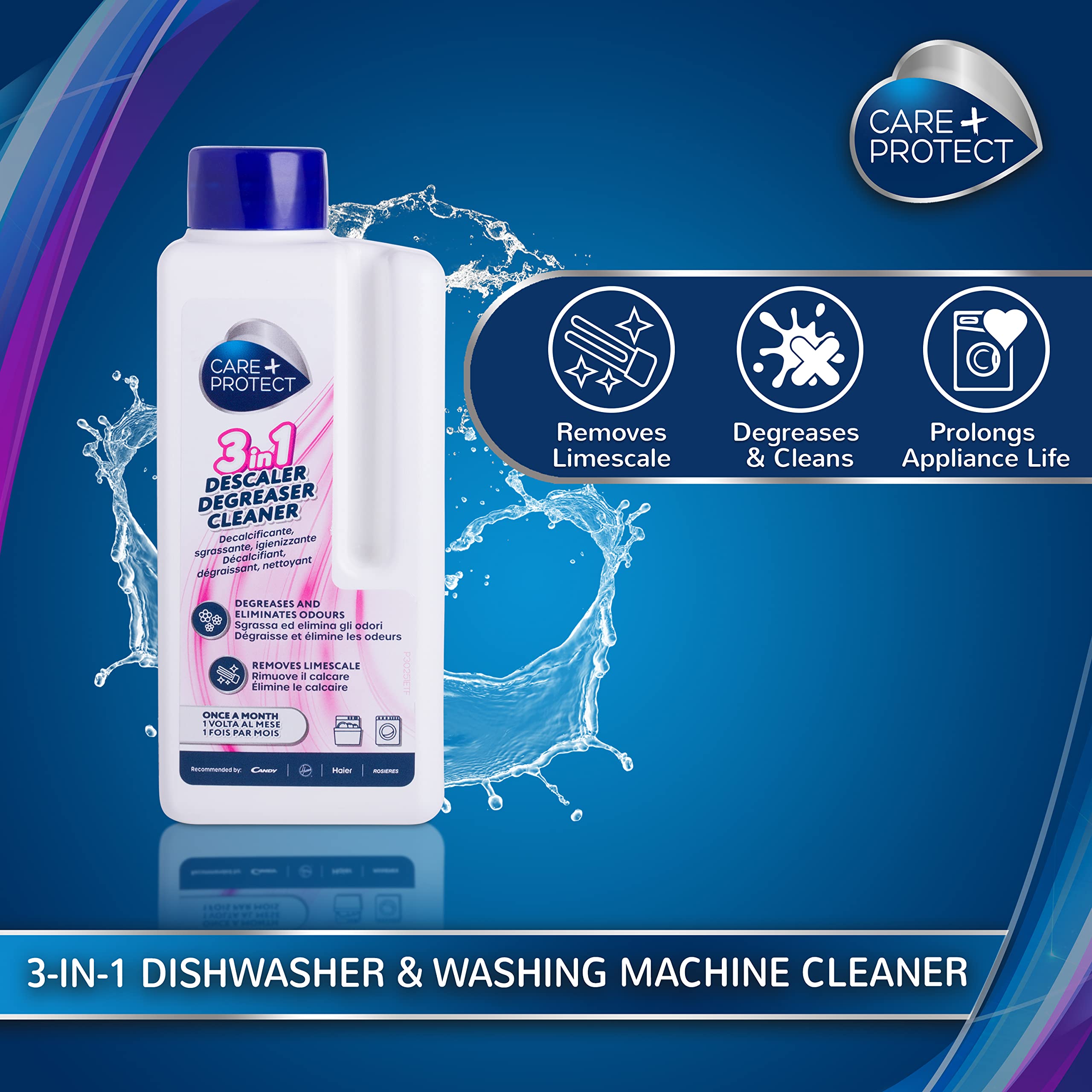 CARE + PROTECT Liquid 3 in 1 Descaler, Degreaser, Cleaner for Dishwasher & Washing Machine - 250ml