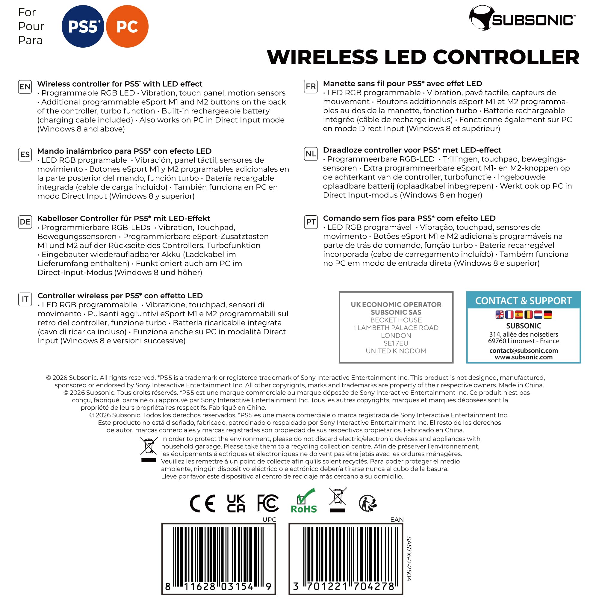 Subsonic – Wireless PS5/PC Controller with Programmable Paddles, RGB LEDs & Turbo Function 20