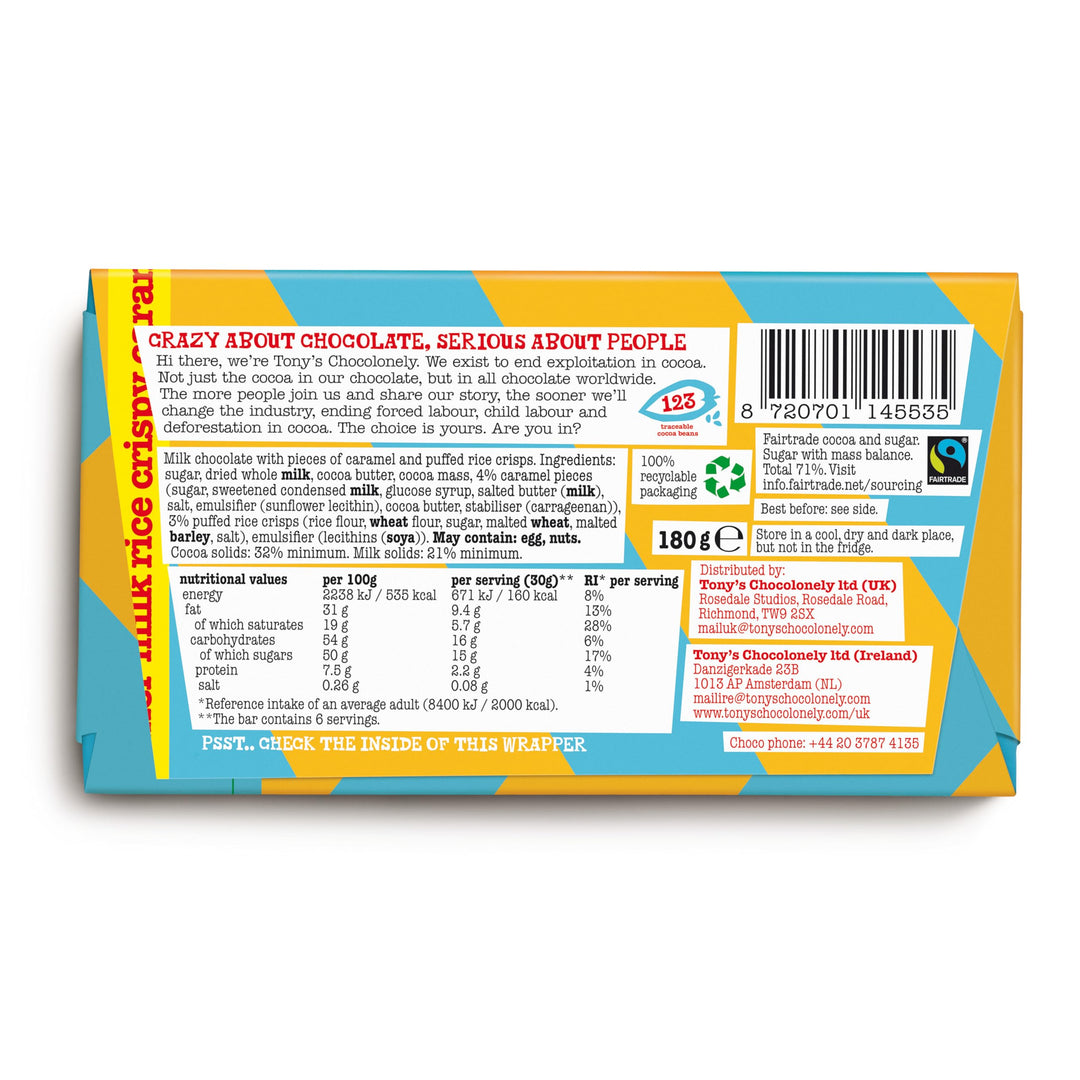 Tony's Chocolonely Milk Chocolate Rice Crispy Caramel Bar - 180g