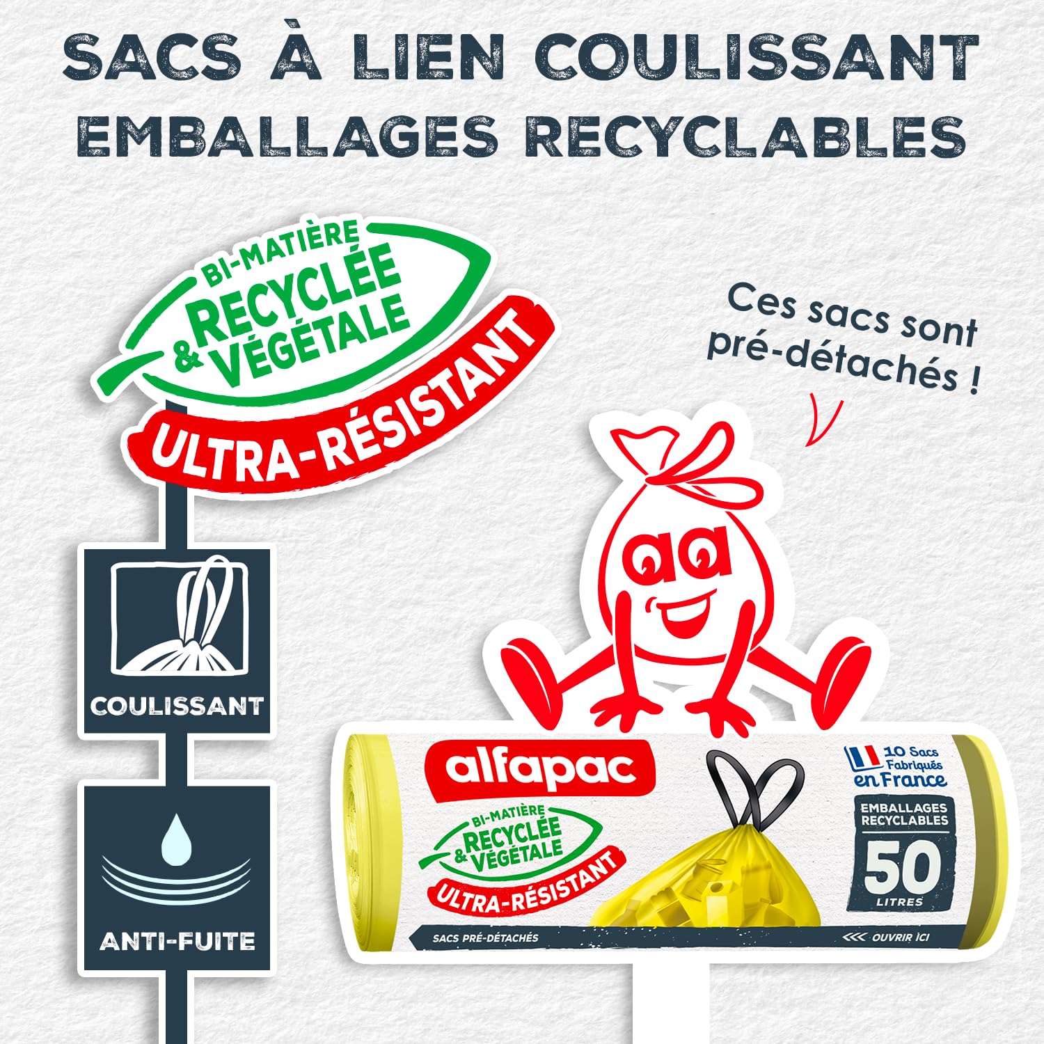 Alfapac Heavy Duty Bin Liners - 50L Capacity, 10 Count, Green | Drawstring Closure