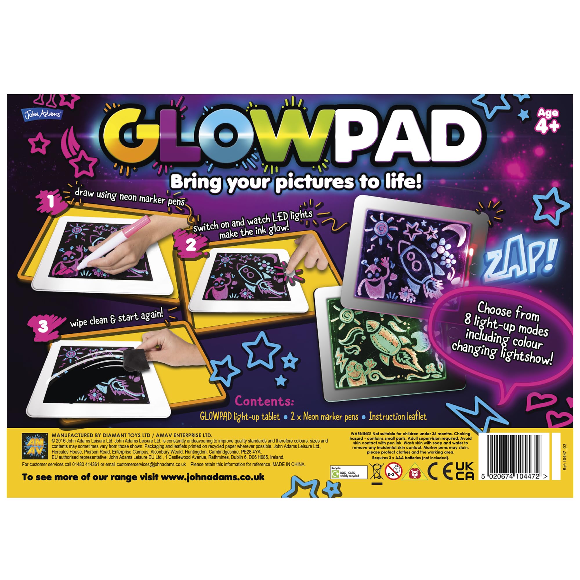 John Adams GLOWPAD - Light-Up Drawing Board with 8 Glow Modes & Neon Markers - Ages 4+ 6