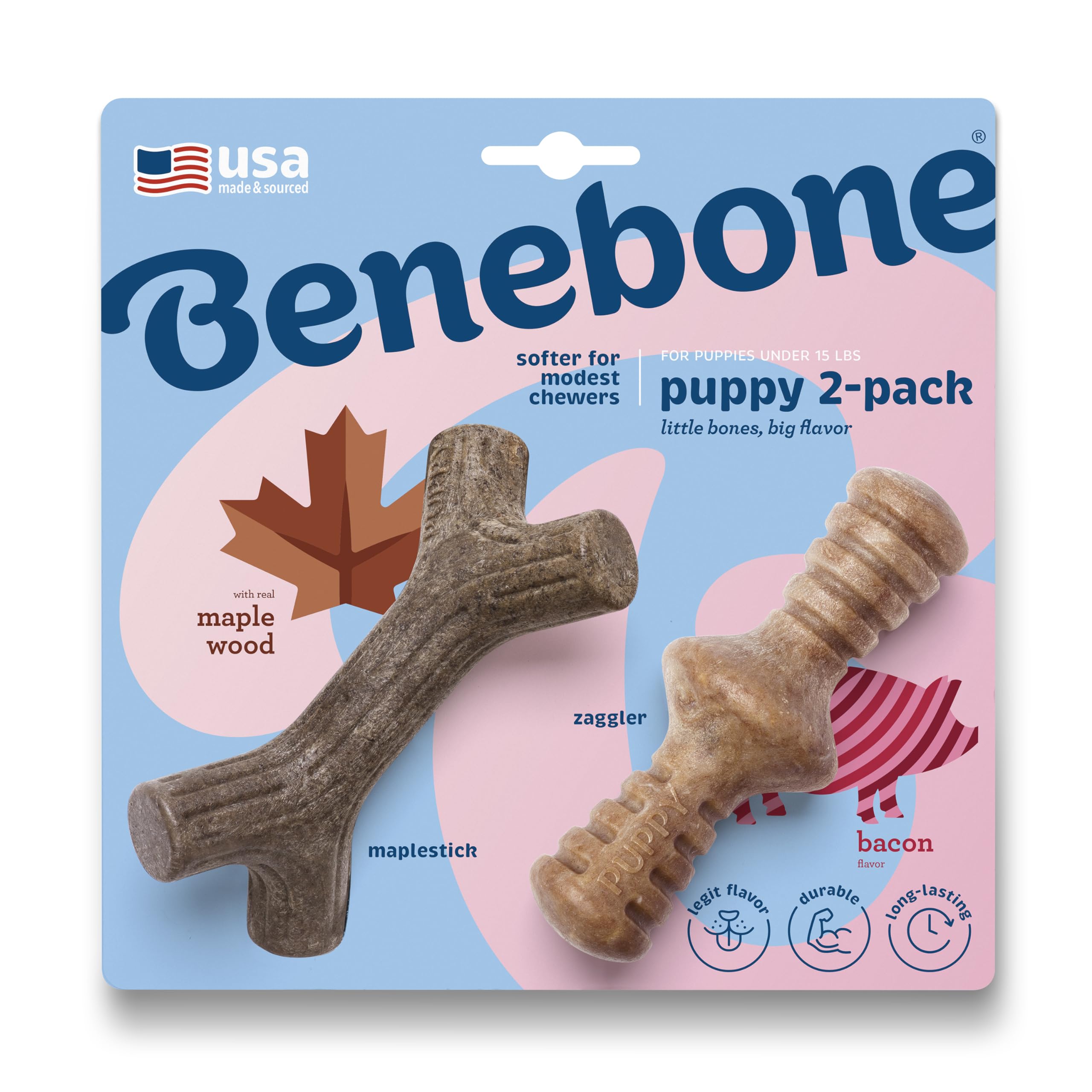 Benebone Puppy Tiny 2-Pack Indestructible Chew Toy - Real Bacon/Maple Flavor | For Dogs up to 15 lb 1