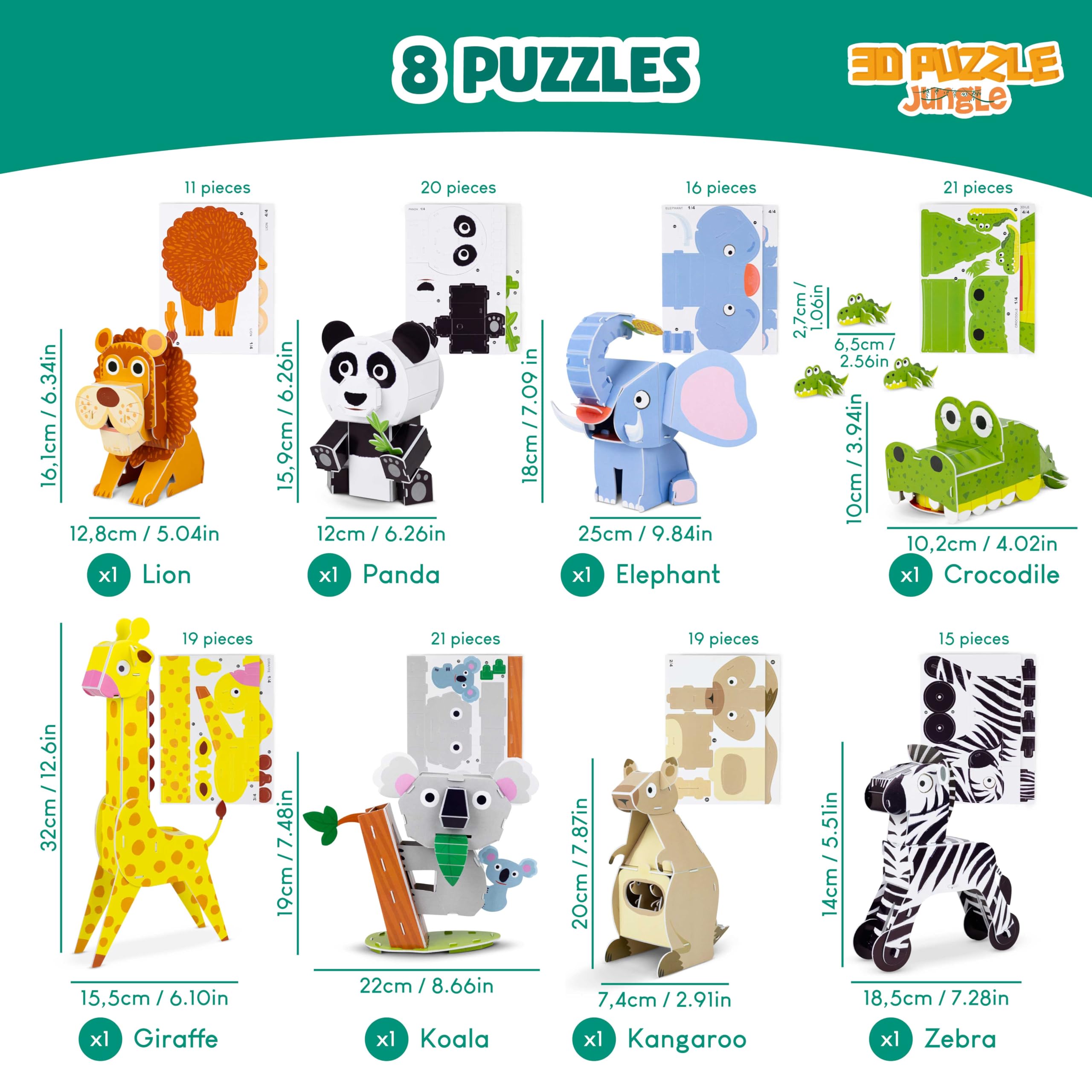 BONNYCO 3D Jungle Animal Puzzles - 8 Piece Set | Educational Toy | Ages 6+
