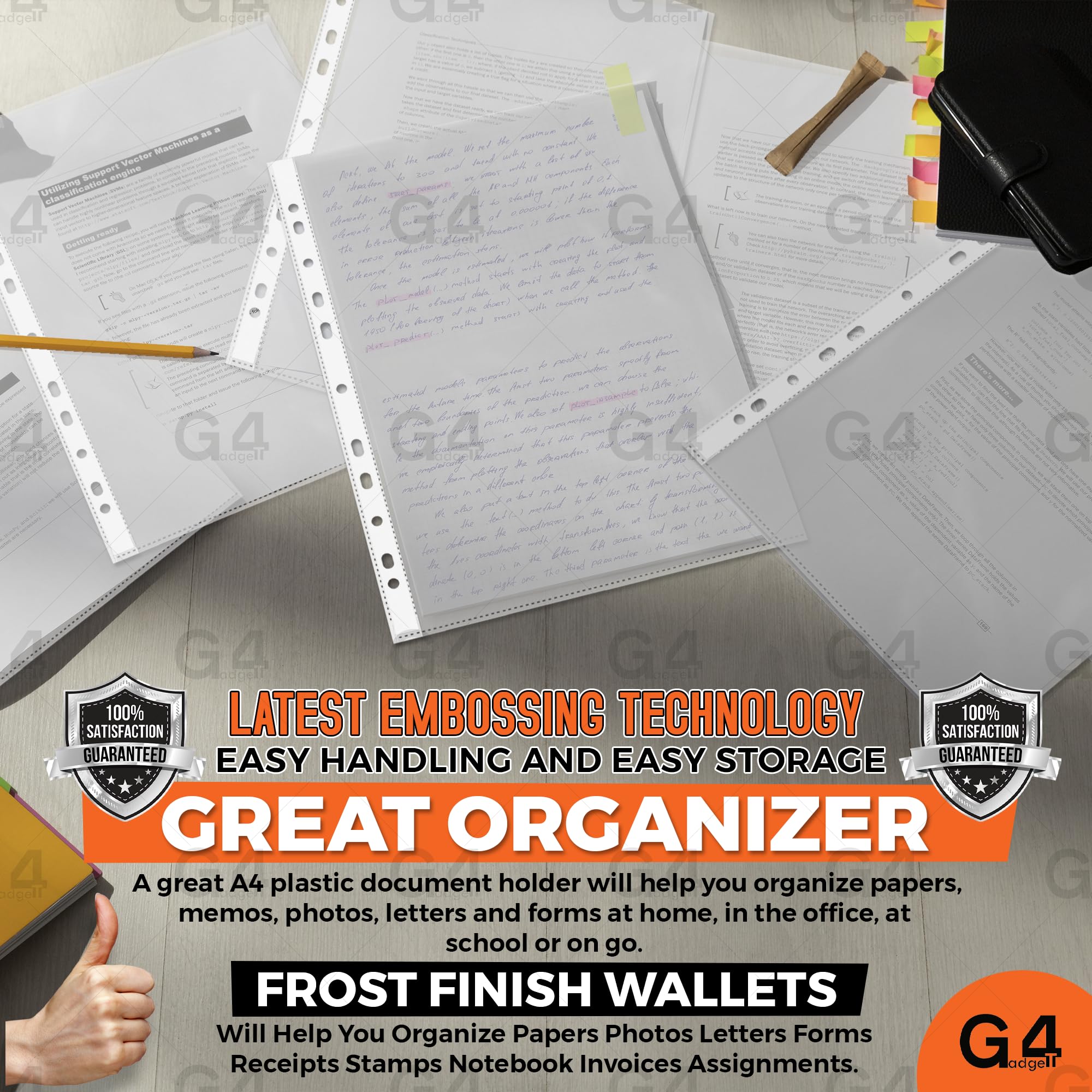 G4GADGET Pack of 50 A4 Clear Plastic Punched Pockets Folders with Frost Finish 9