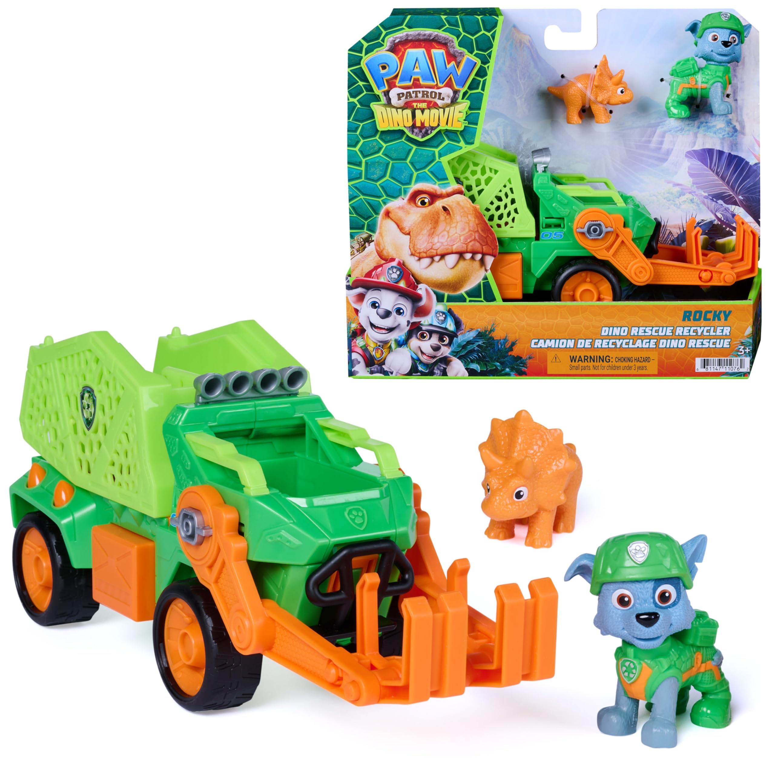 Paw Patrol Rocky Dino Rescue Recycler - 22.8 cm Truck, Rocky Figure, Ages 3+