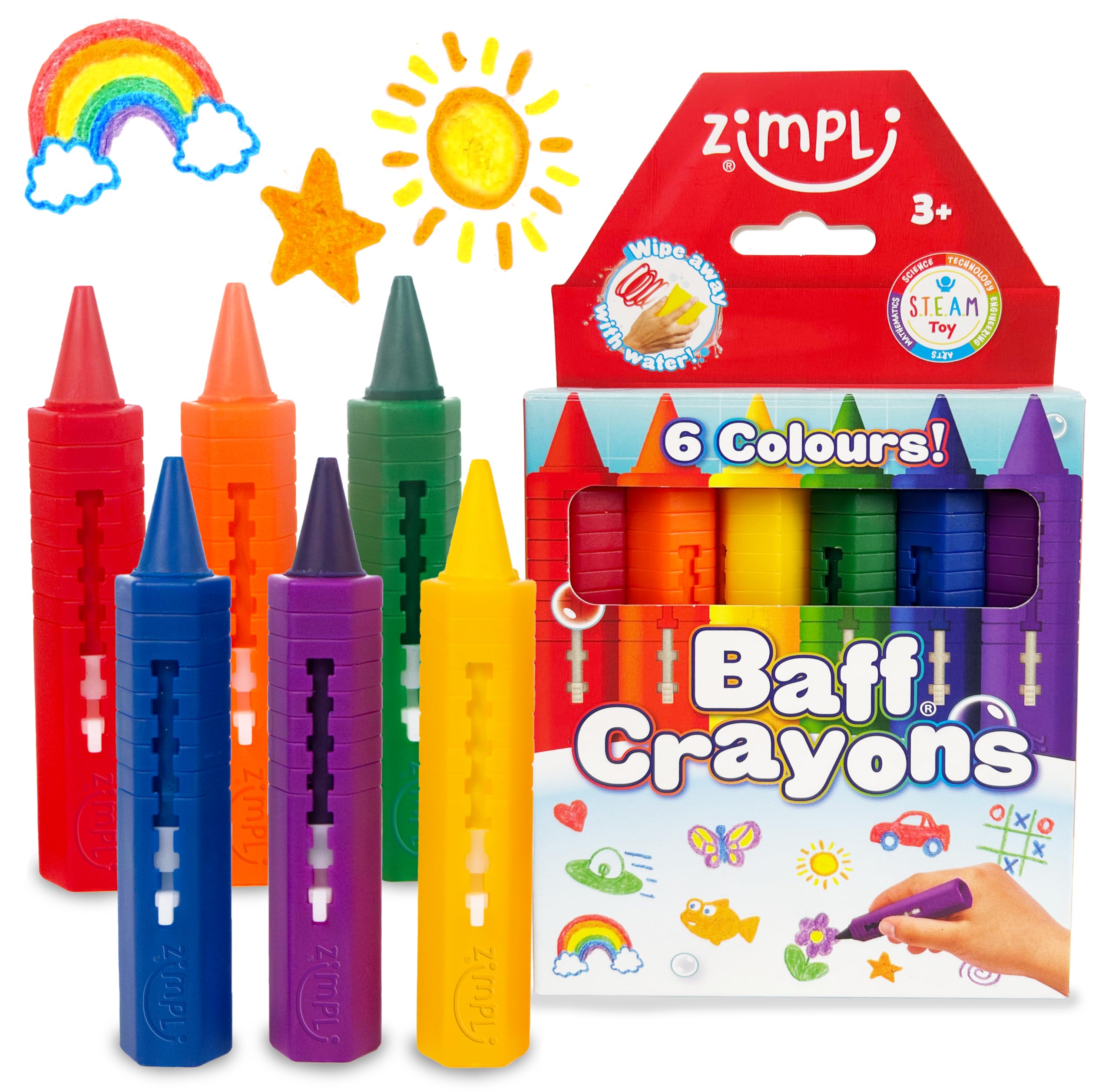 ZIMPLI - 6 Large Washable Bath Crayons for Kids, Creative Bathtime Drawing Fun 1