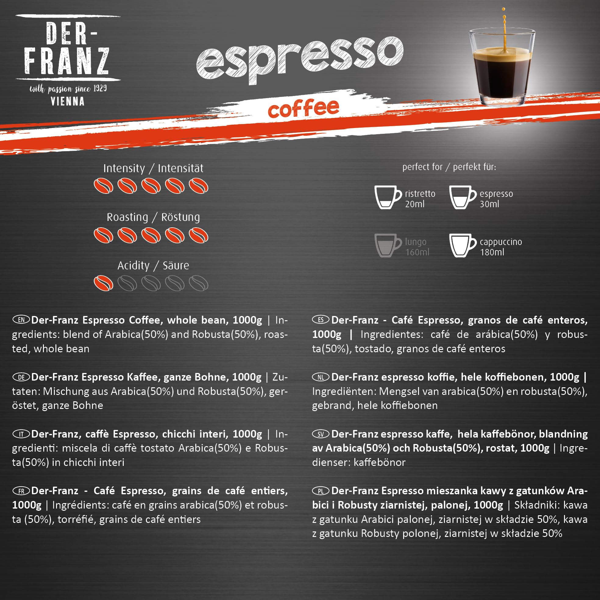 Der-Franz Espresso Whole Coffee Beans - 50% Arabica/50% Robusta | Intensity 5/5 | 1000g 3
