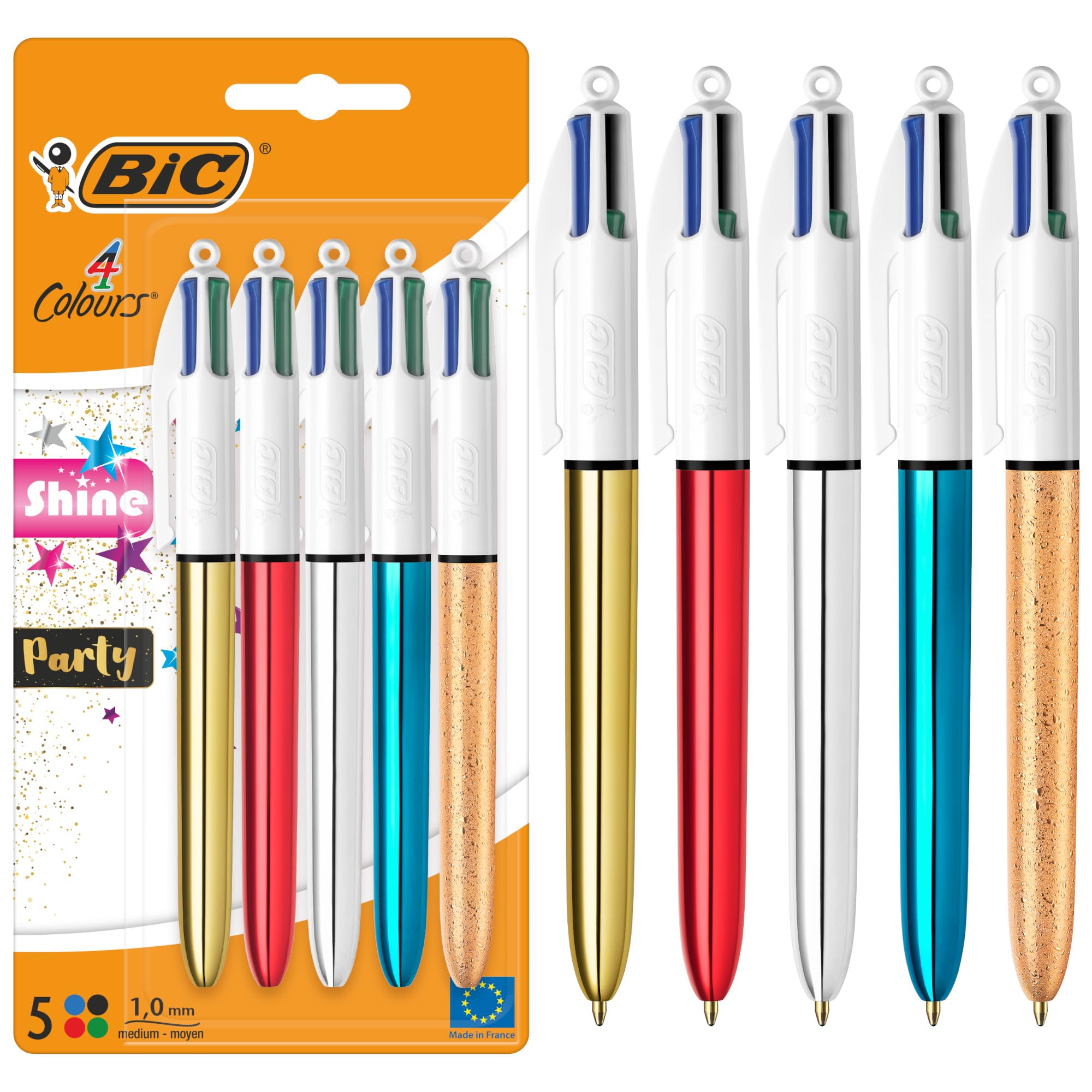 BIC 4 Colours Shine and Party Retractable Ballpoint Pens - Pack of 5 | 1.0mm Medium Point | Multicolor Ink 1