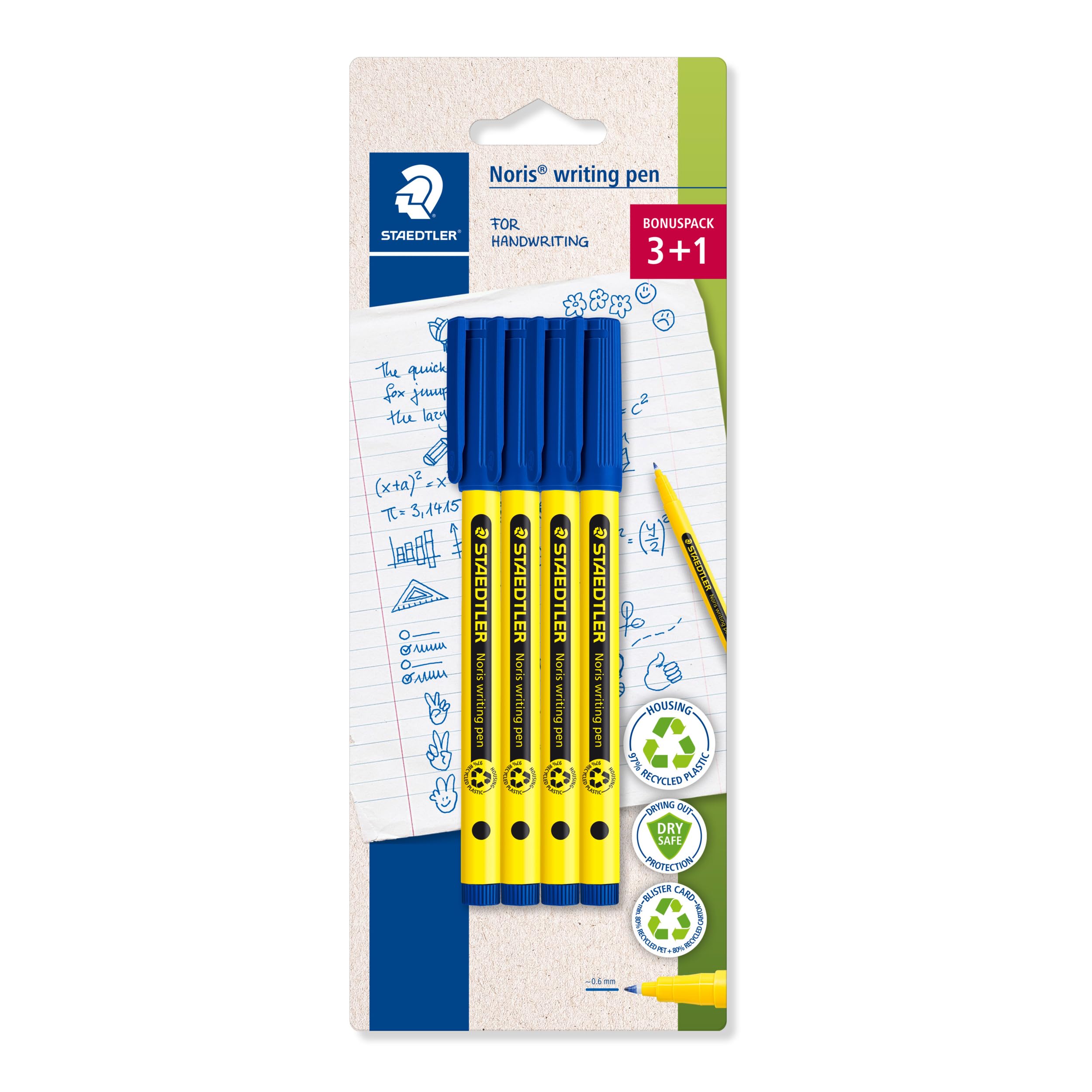 STAEDTLER Noris Handwriting Pen - Blue | 0.6mm Fineliner Tip | Pack of 4 1