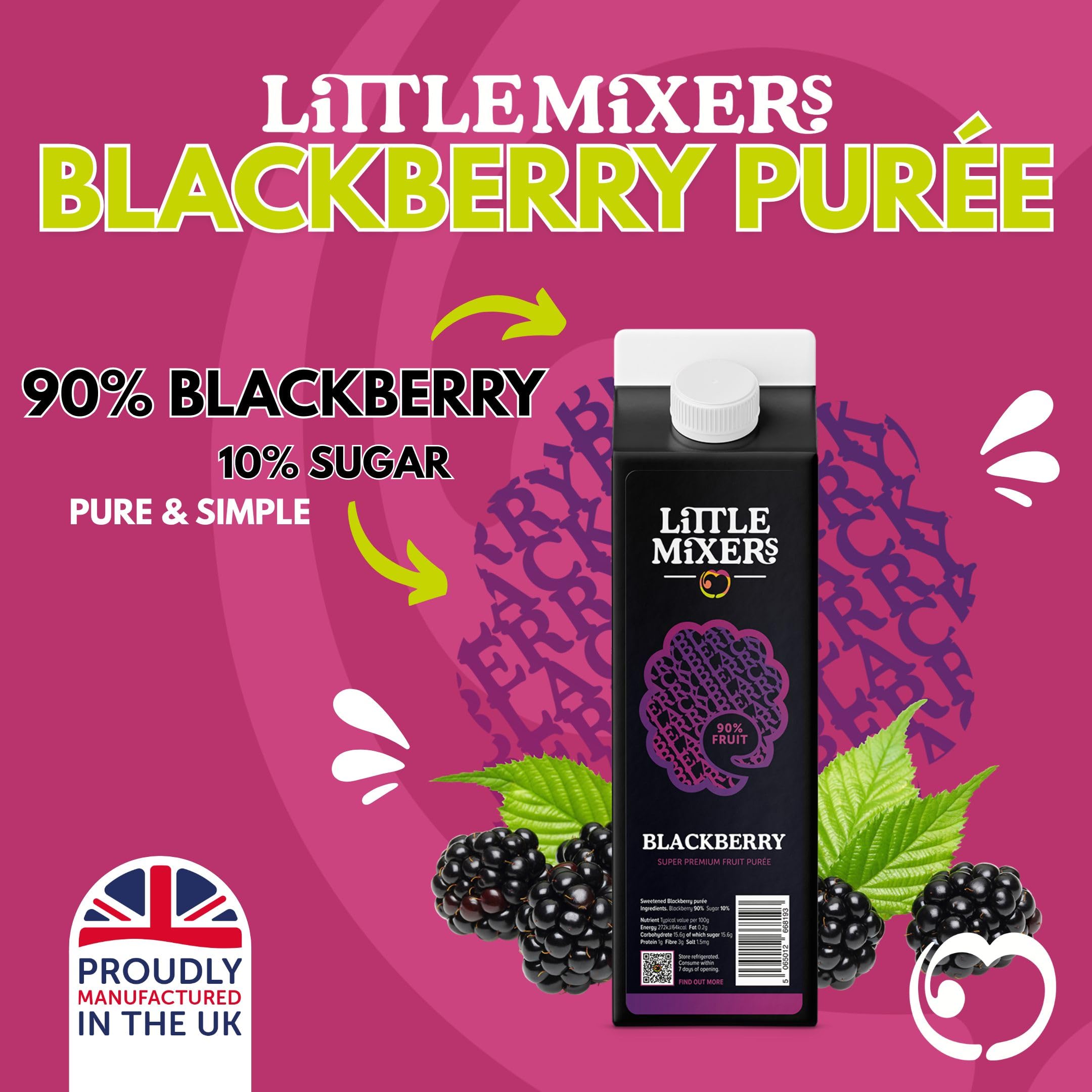 LITTLE MIXERS Quality Blackberry Puree for Cocktails & Smoothies | 1L Carton | 90% Fruit Content