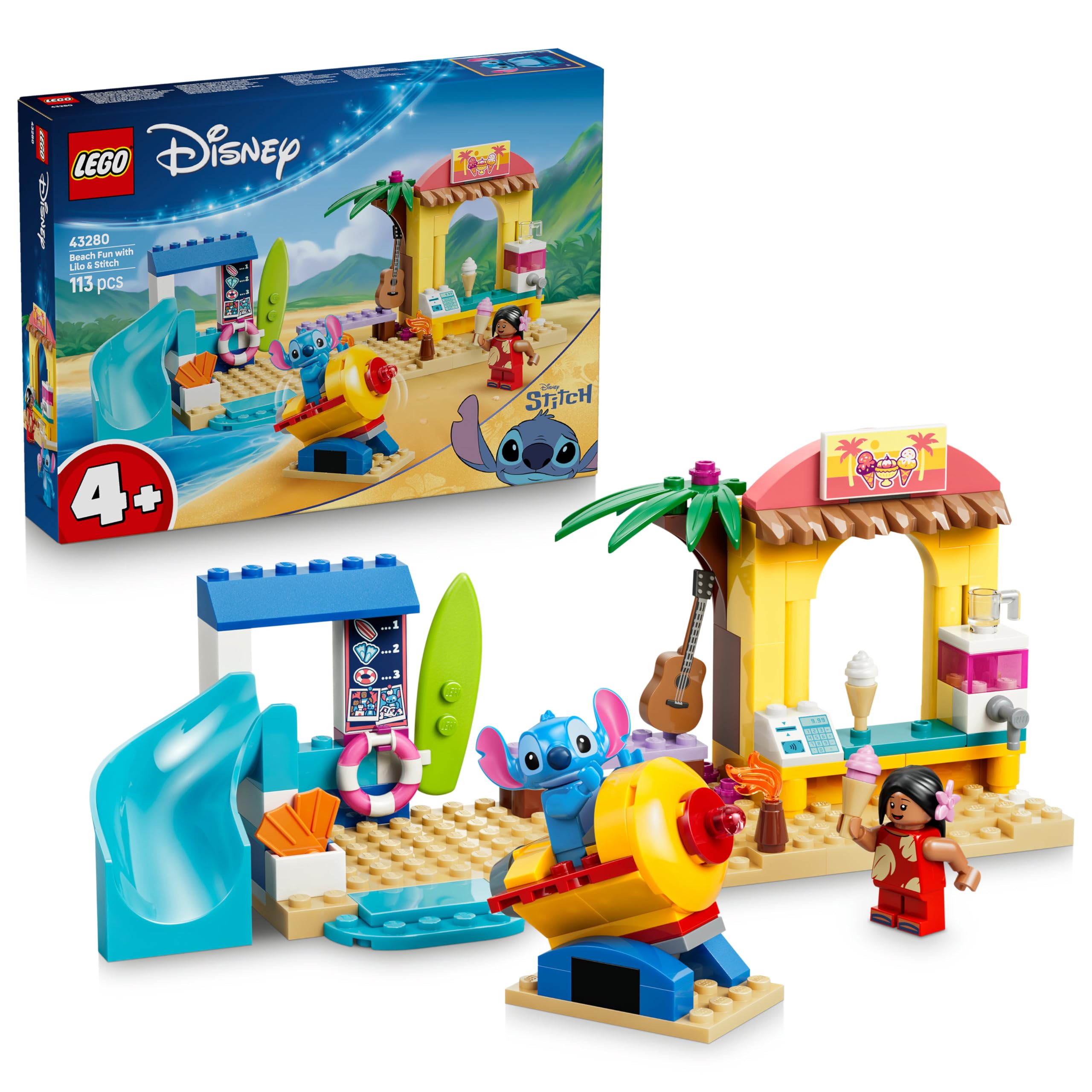 LEGO Disney Beach Fun with Lilo & Stitch Building Set 43280 for Ages 4+ | Includes 2 Shops & Rocket Ride