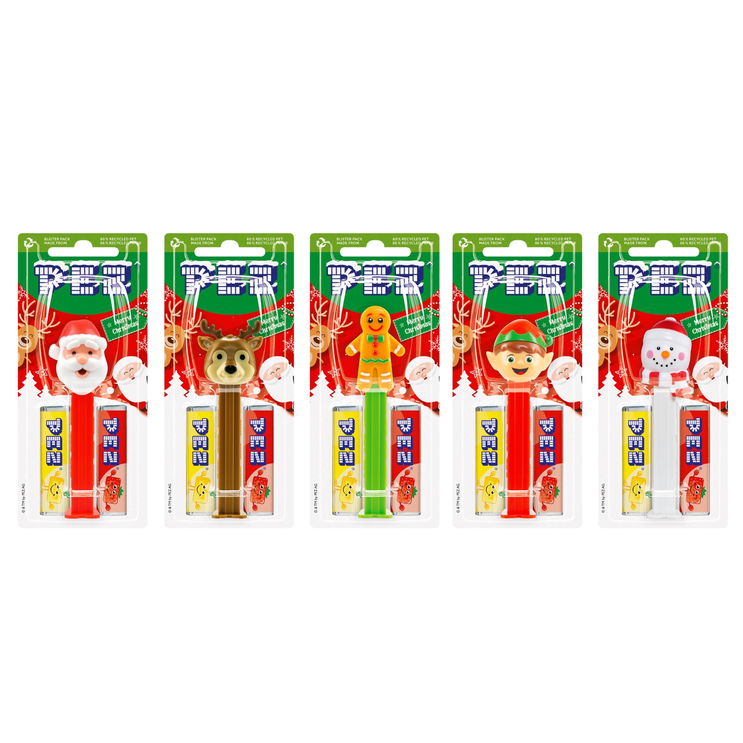 PEZ Christmas Themed Sweet Dispenser Multipack - Santa, Reindeer, Polar Bear, Snowman with Strawberry & Lemon Candy Refills 10