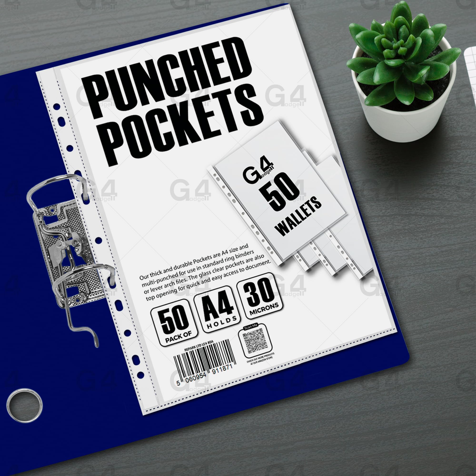 G4GADGET Pack of 50 A4 Clear Plastic Punched Pockets Folders with Frost Finish 7