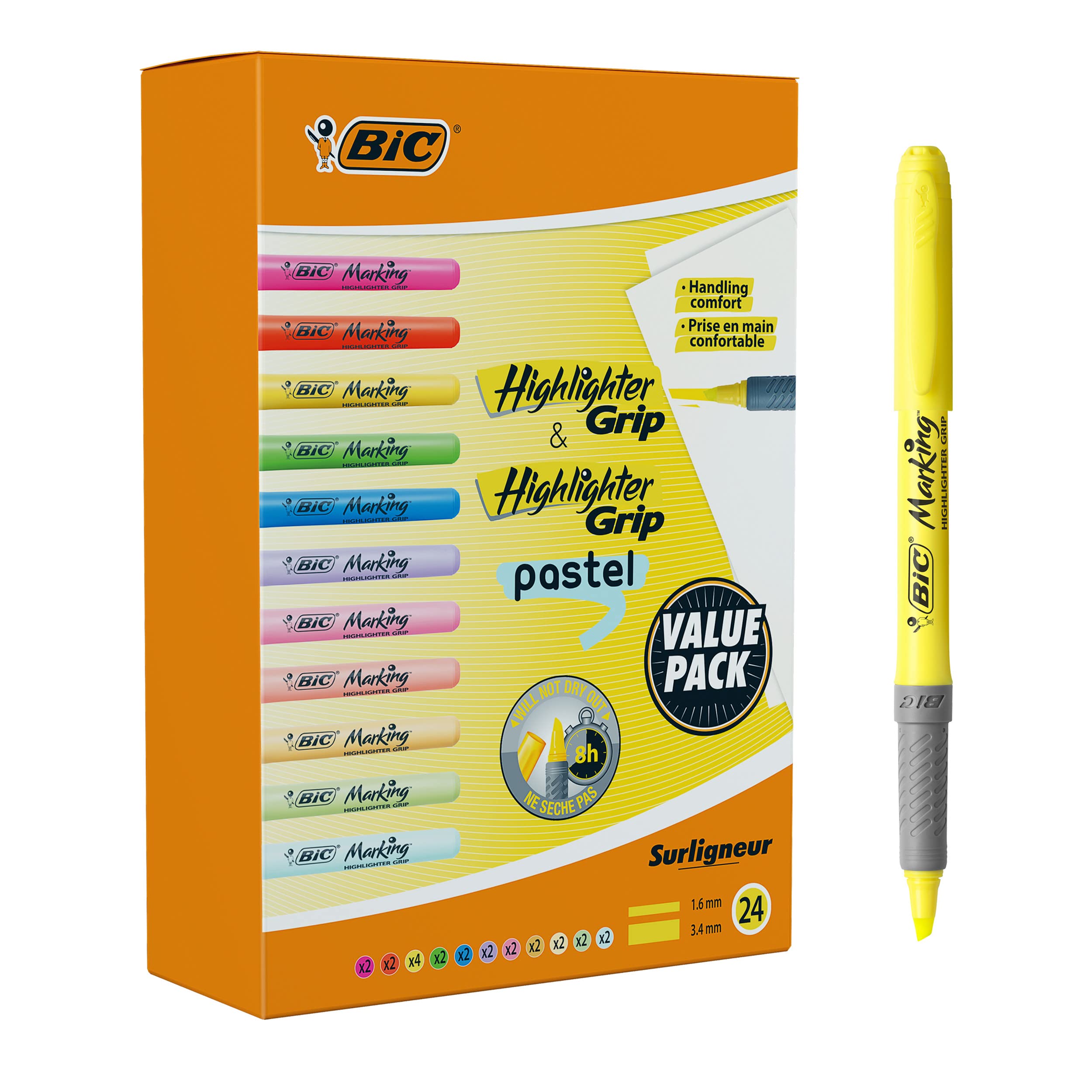 BIC Highlighter Grip Pens - Pastel & Neon Multipack | 24 Count | Water-Based Ink