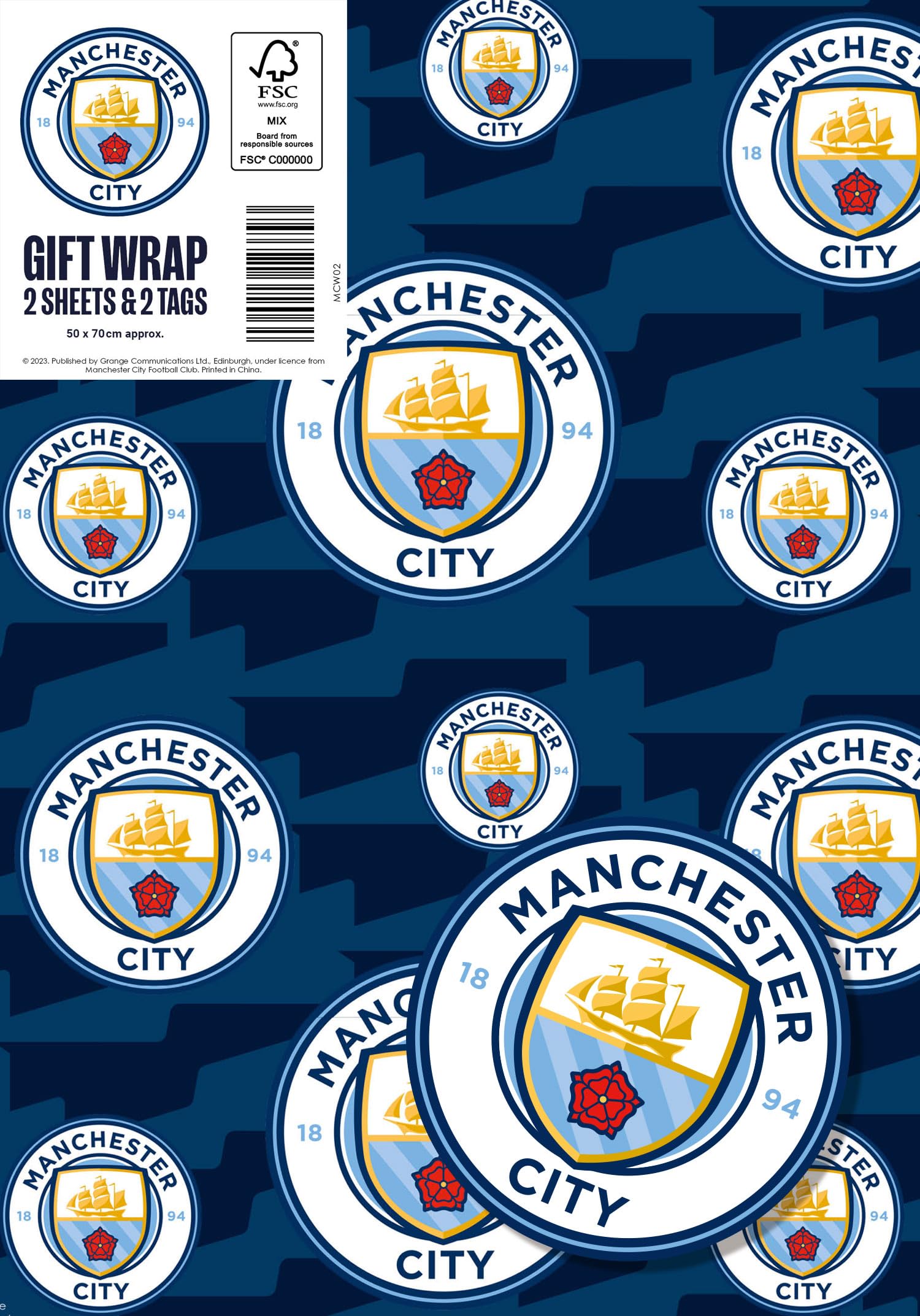 Danilo Promotions LTD Manchester City FC Wrapping Paper - 2 Sheets (70x50cm) | Blue Crest Pattern