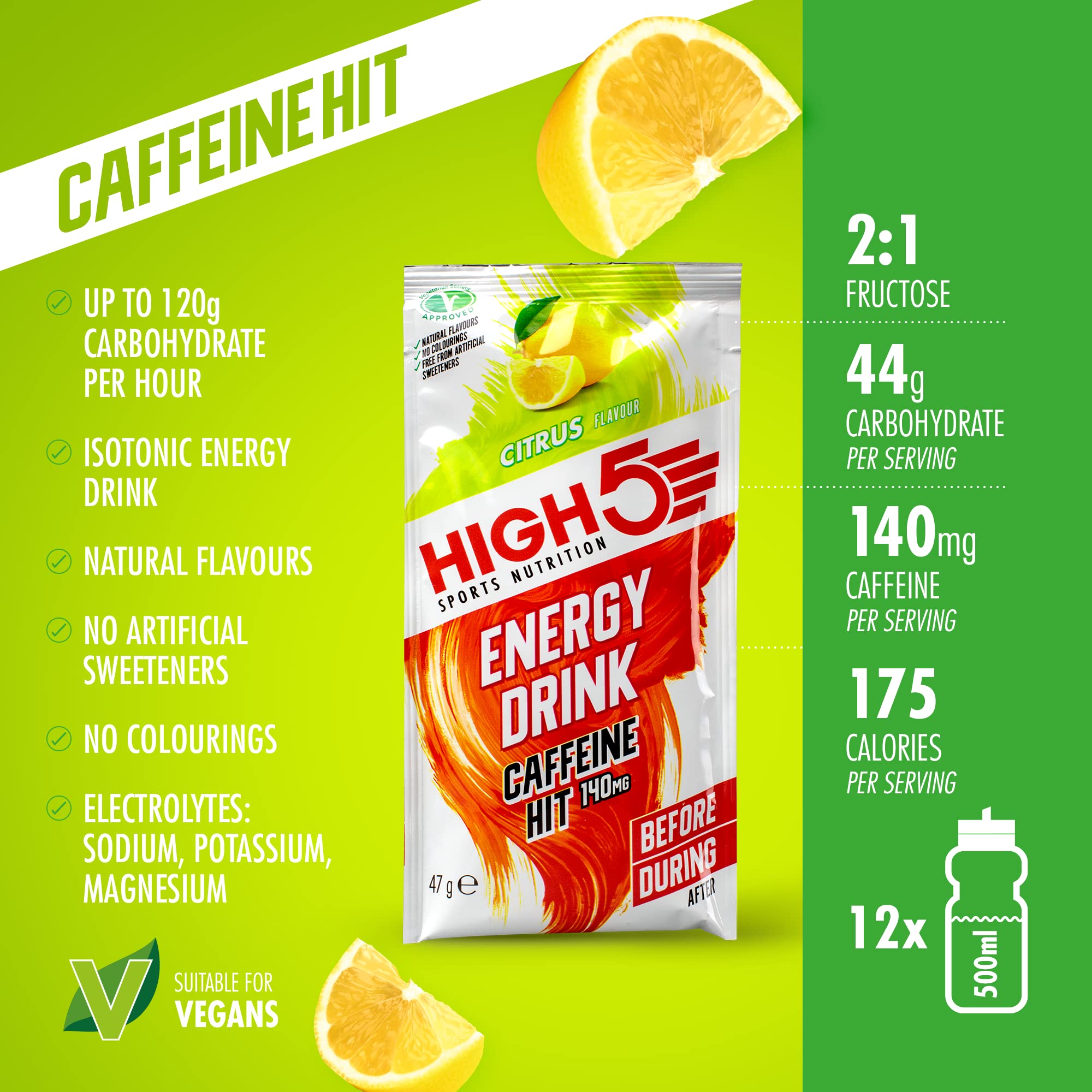 HIGH5 Energy Drink Caffeine Hit Powder - Citrus | Dual Source Carb | 12 x 47g Sachets 2