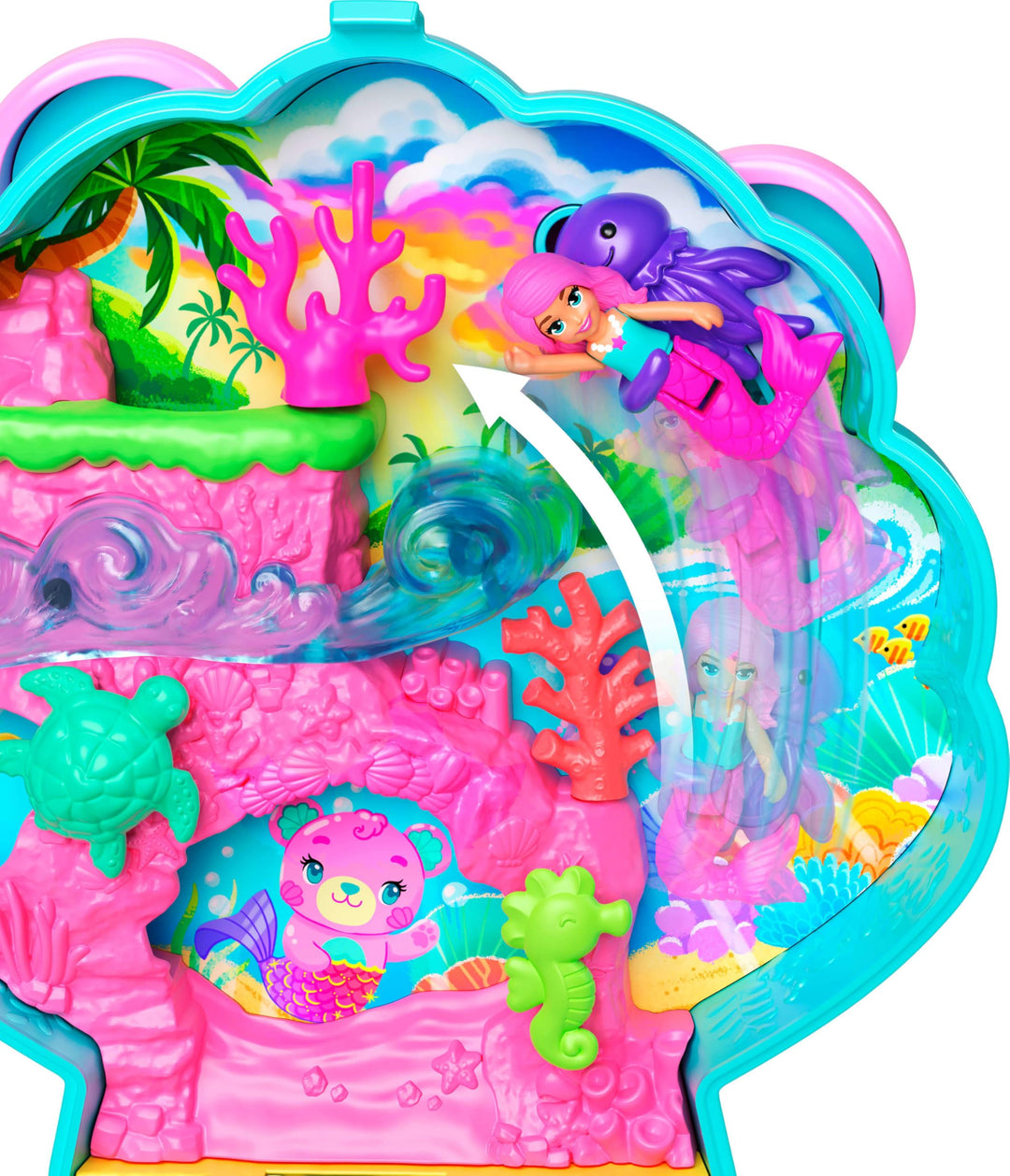 Polly Pocket Glitter Island Compact Playset - Mermaid Adventure with 11 Accessories