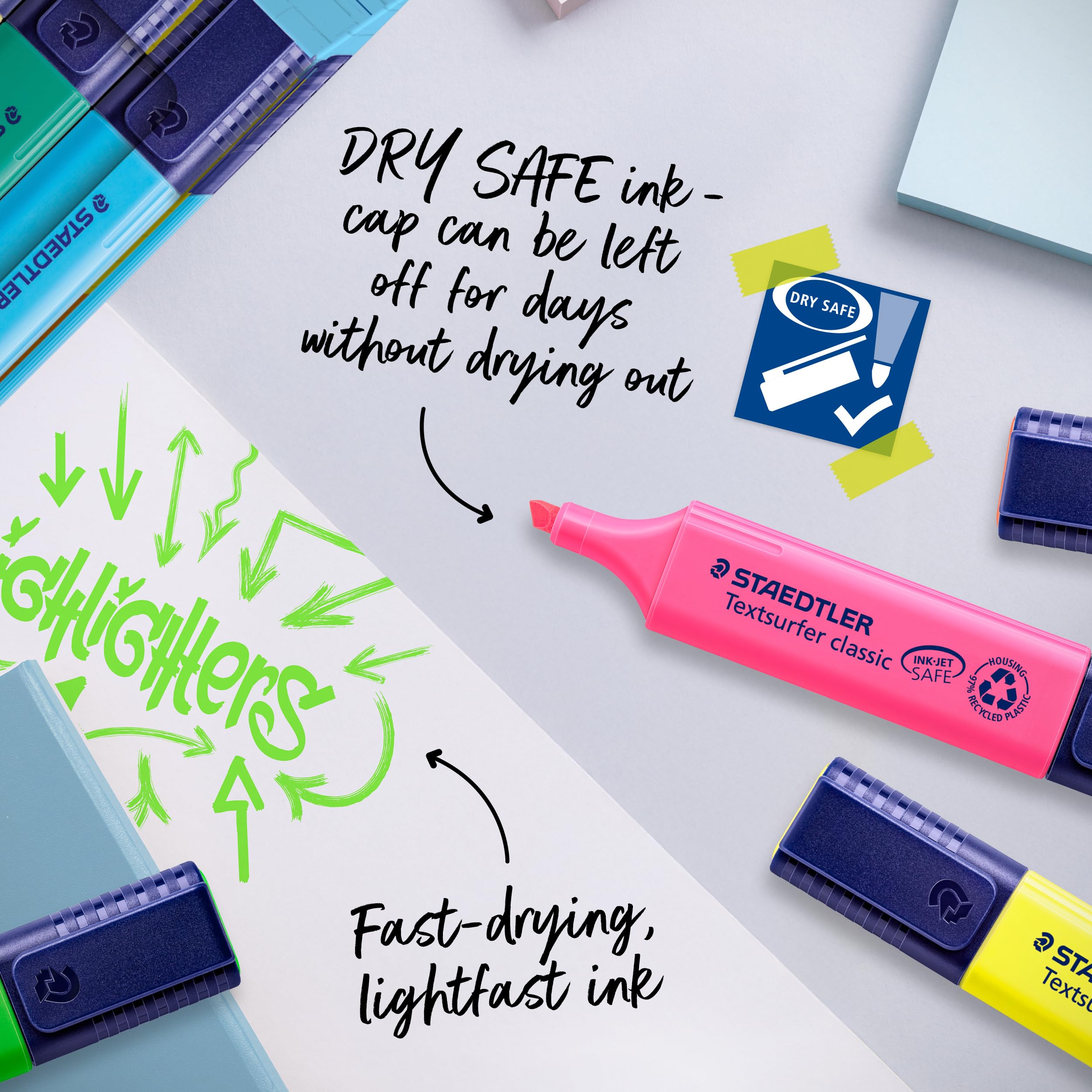 STAEDTLER Textsurfer Classic Highlighter - Assorted Colours (6 Count) | InkJet Safe, Chisel Tip 6