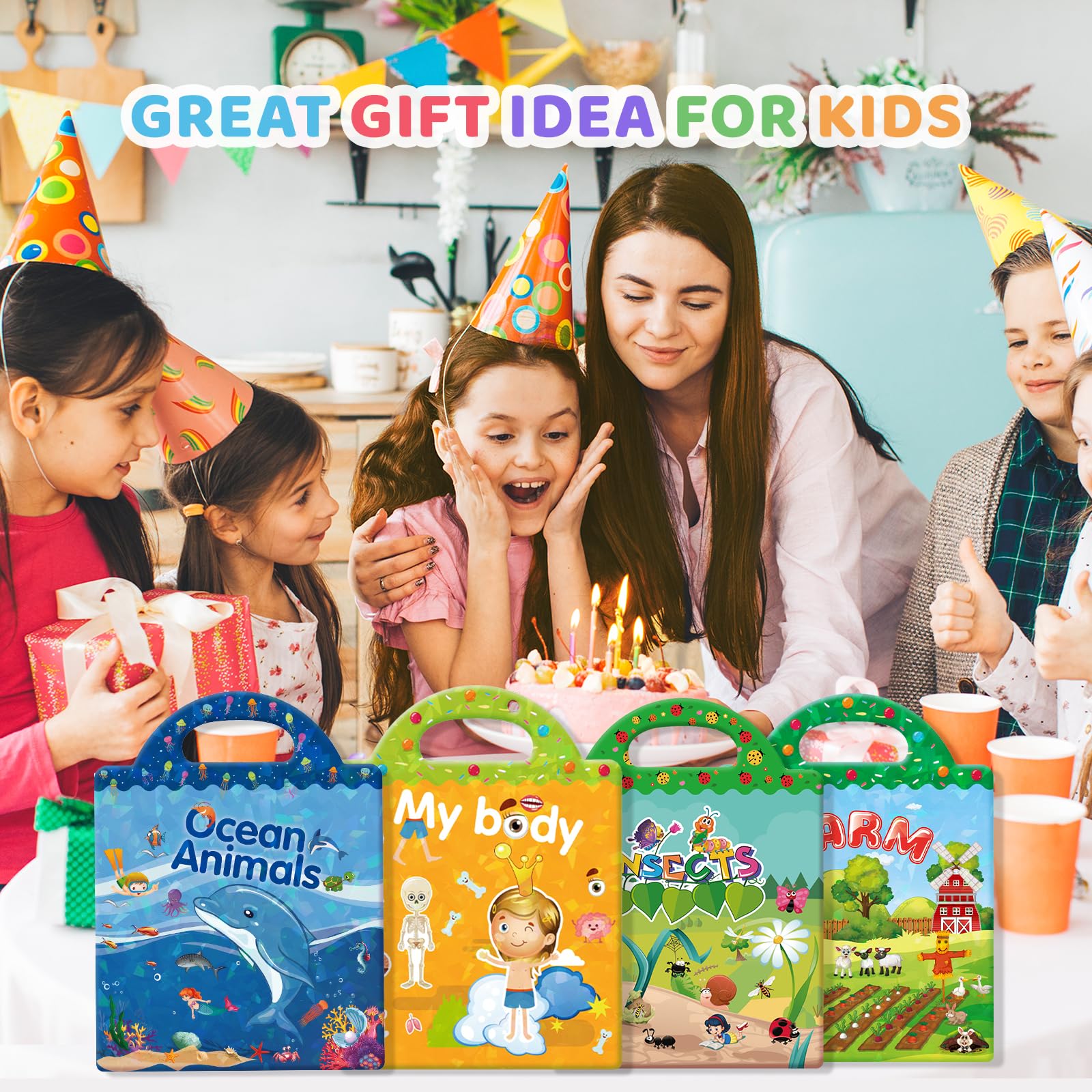 GUYUCOM 4 Pack Reusable Sticker Books - Ocean, Body, Insect & Farm Themes | Fine Motor Skill Development 6