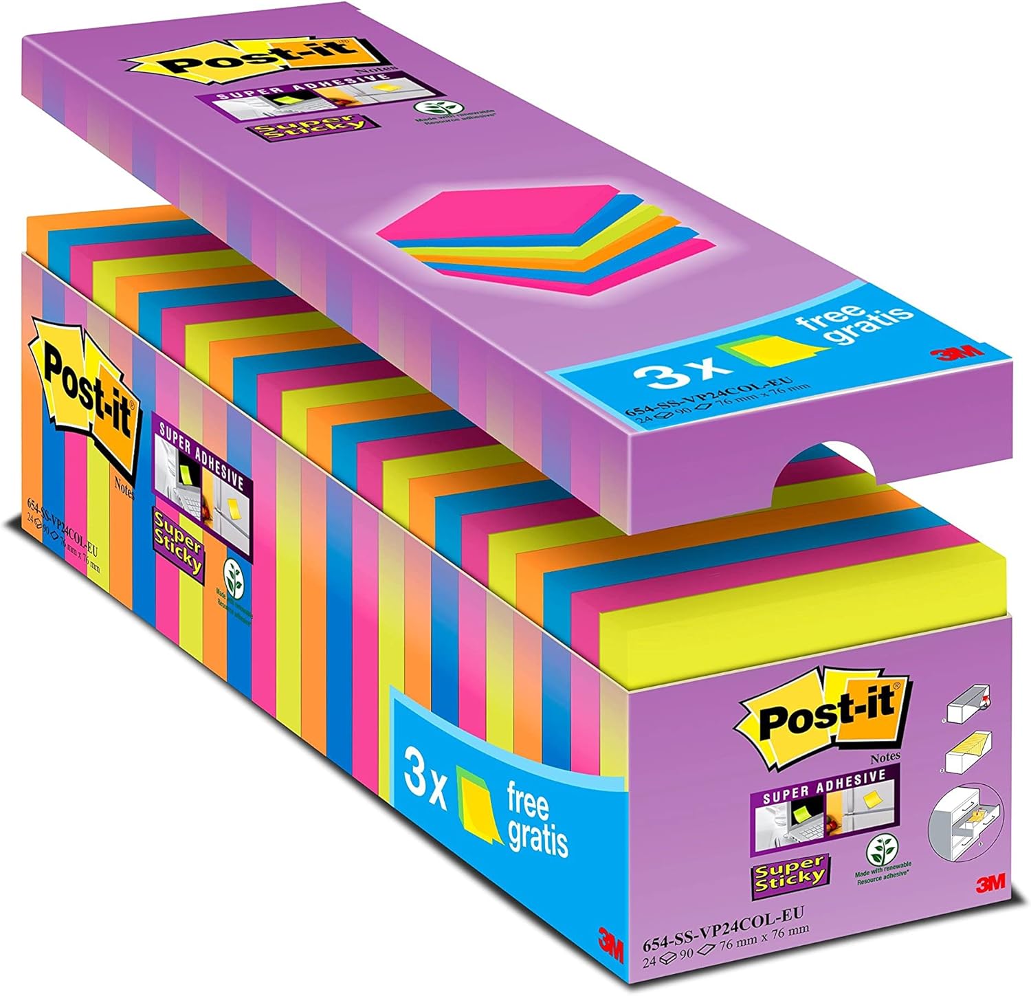 Post it Notes Super Sticky Notes Value Pack, 76 x 76 mm, Assorted Colours, Pack of 24 (90 Sheets Per Pad) 1
